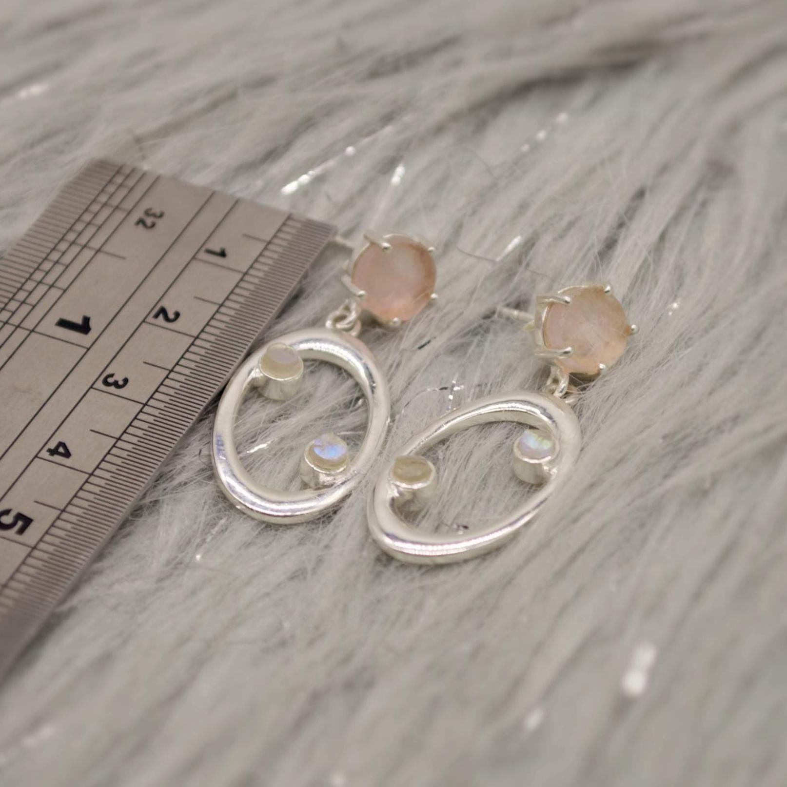 Rose Quartz, Moonstone Silver Earrings, January Birthstone, June Birthstone, Minimalist Pink Earrings, Sterling Silver Drop Earrings