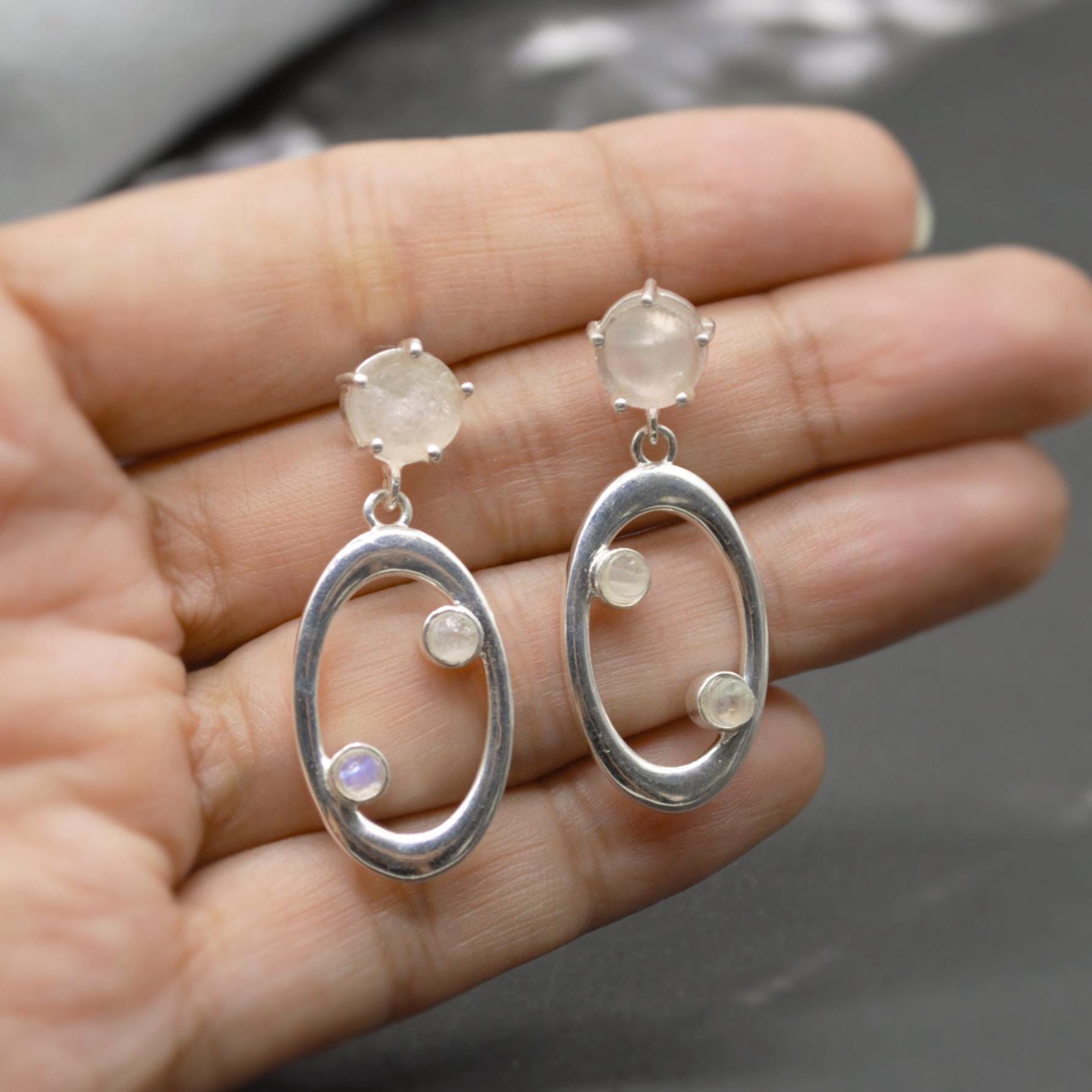 Rose Quartz, Moonstone Silver Earrings, January Birthstone, June Birthstone, Minimalist Pink Earrings, Sterling Silver Drop Earrings