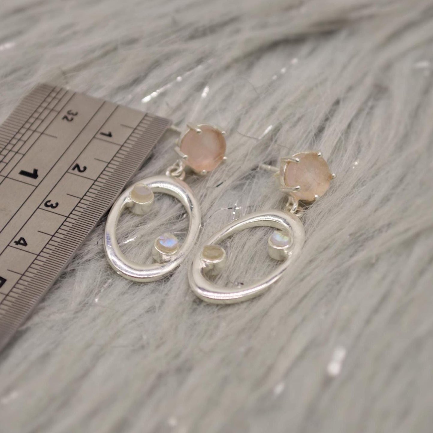 Rose Quartz, Moonstone Silver Earrings, January Birthstone, June Birthstone, Minimalist Pink Earrings, Sterling Silver Drop Earrings