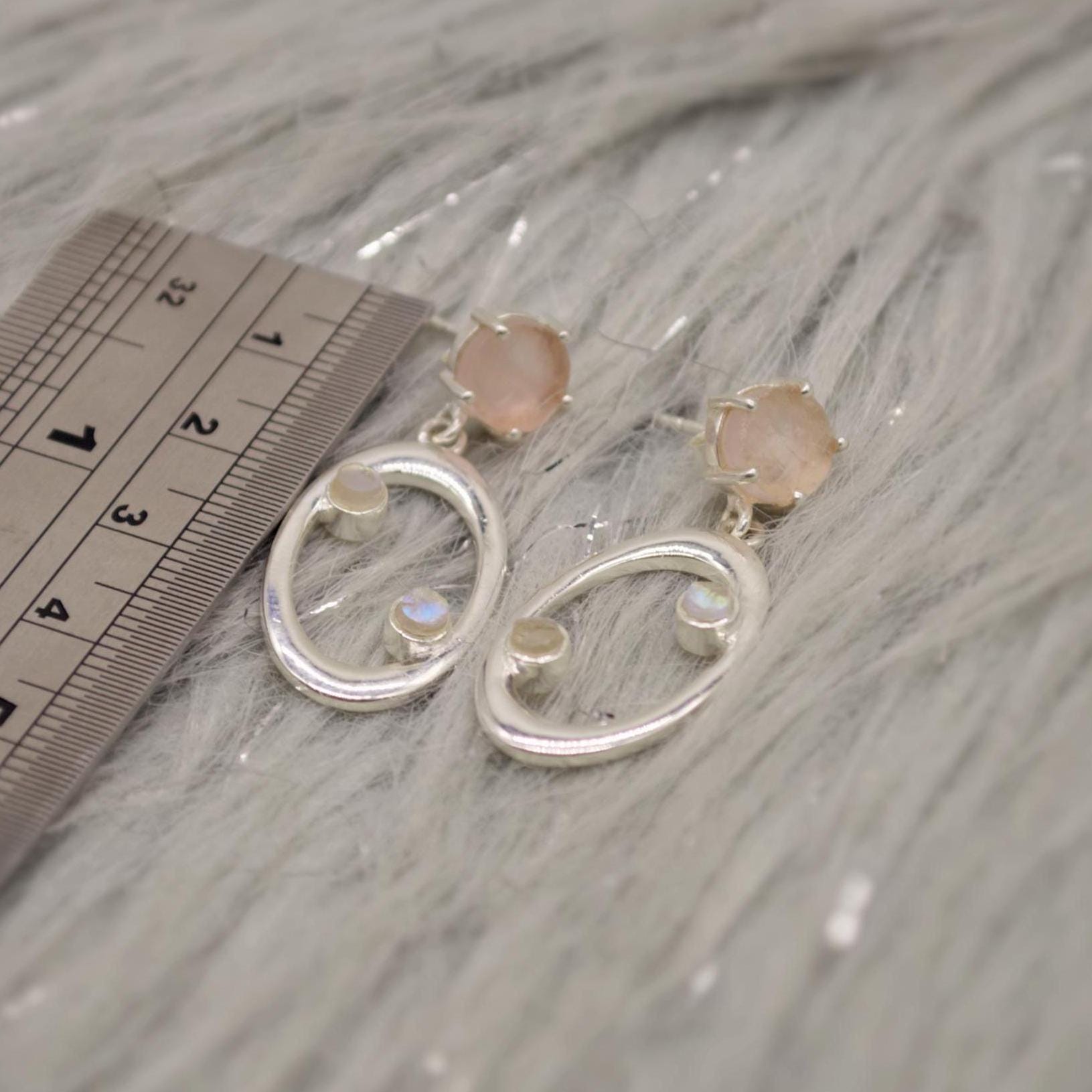 Rose Quartz, Moonstone Silver Earrings, January Birthstone, June Birthstone, Minimalist Pink Earrings, Sterling Silver Drop Earrings