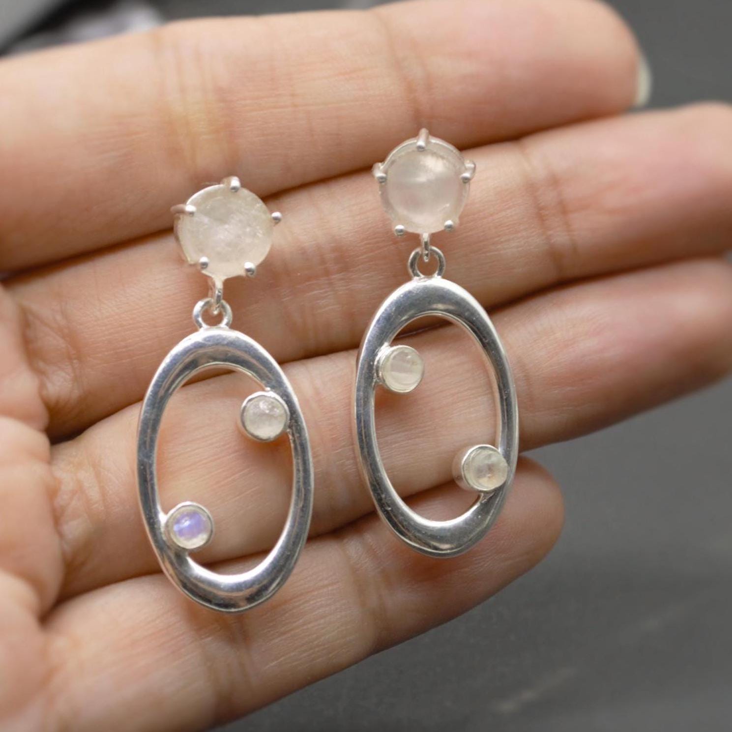 Rose Quartz, Moonstone Silver Earrings, January Birthstone, June Birthstone, Minimalist Pink Earrings, Sterling Silver Drop Earrings