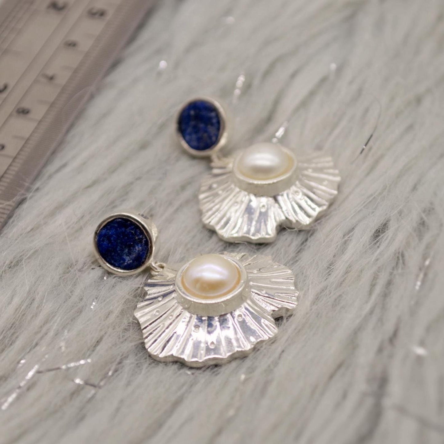 Raw Lapis Lazuli Sterling Silver Earrings, Pearl Earrings, December and June Birthstone, Dainty Handmade Unique Gemstone Drop Earrings