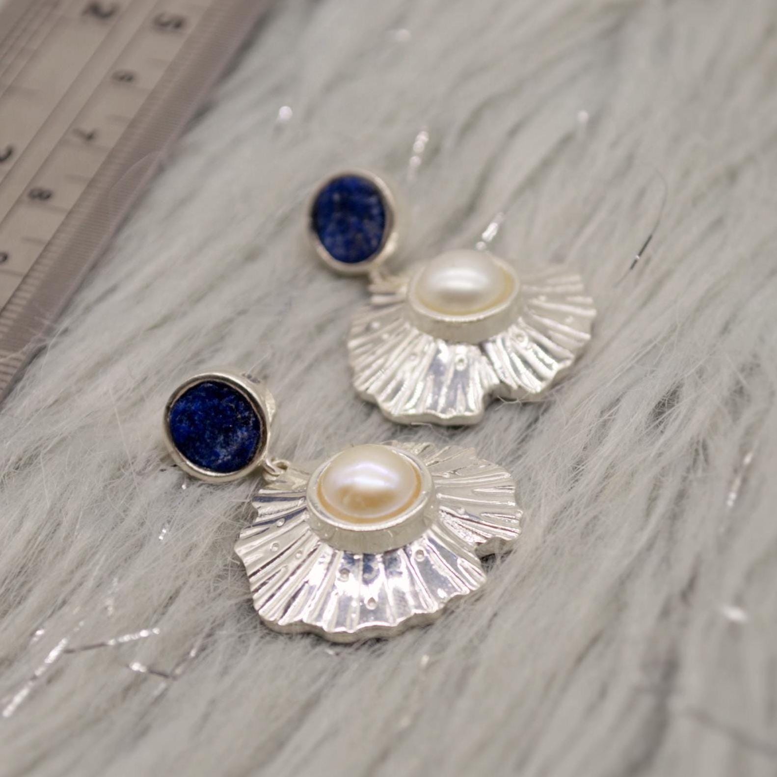 Raw Lapis Lazuli Sterling Silver Earrings, Pearl Earrings, December and June Birthstone, Dainty Handmade Unique Gemstone Drop Earrings