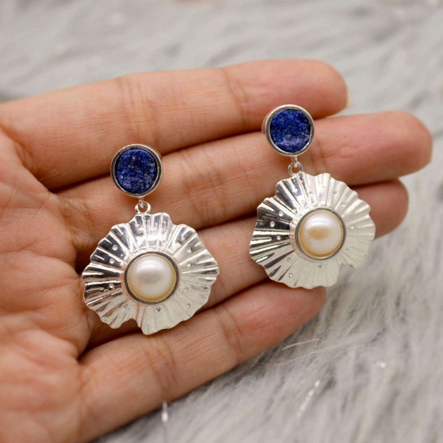 Raw Lapis Lazuli Sterling Silver Earrings, Pearl Earrings, December and June Birthstone, Dainty Handmade Unique Gemstone Drop Earrings