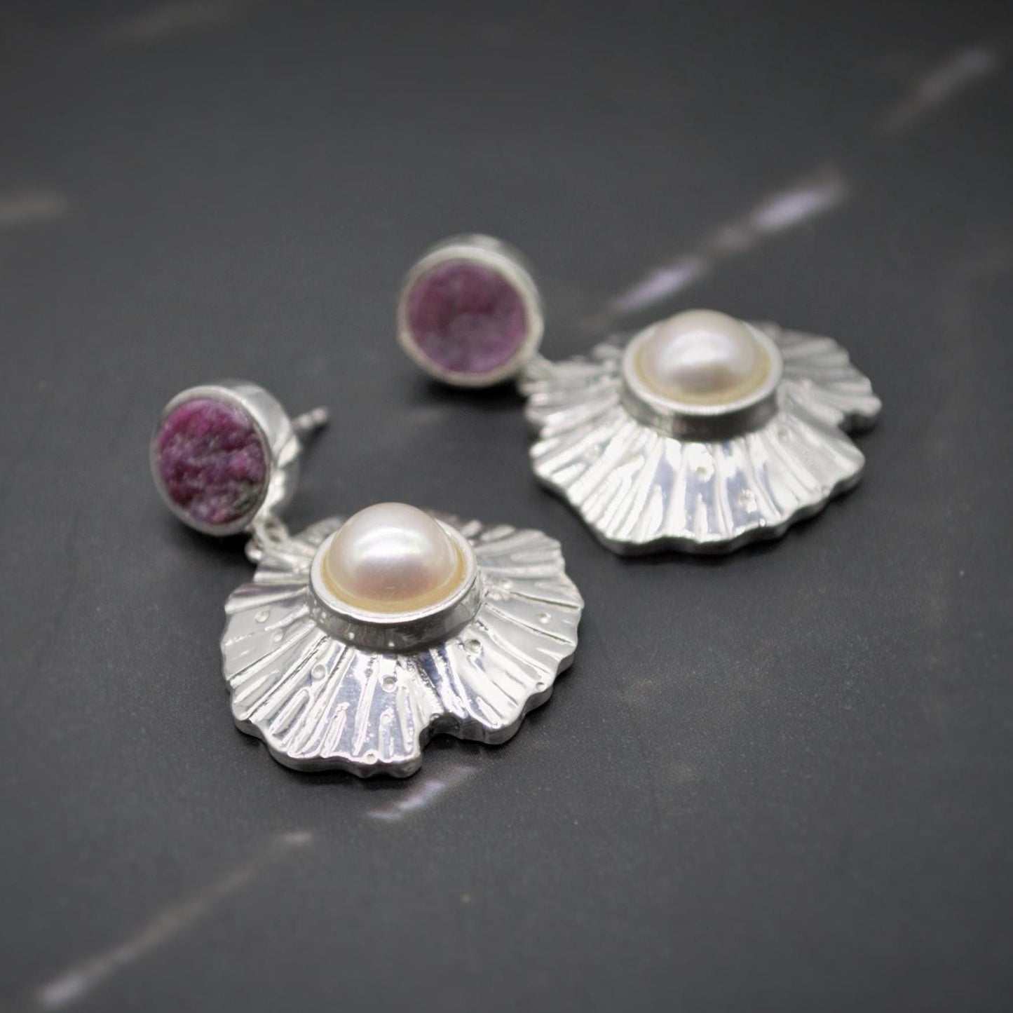 Red Ruby, Pearl Sterling Silver Earrings, June, July Birthstone, Dainty Statement Unique Gemstone Dangle Drop Earrings, Gifts For Her