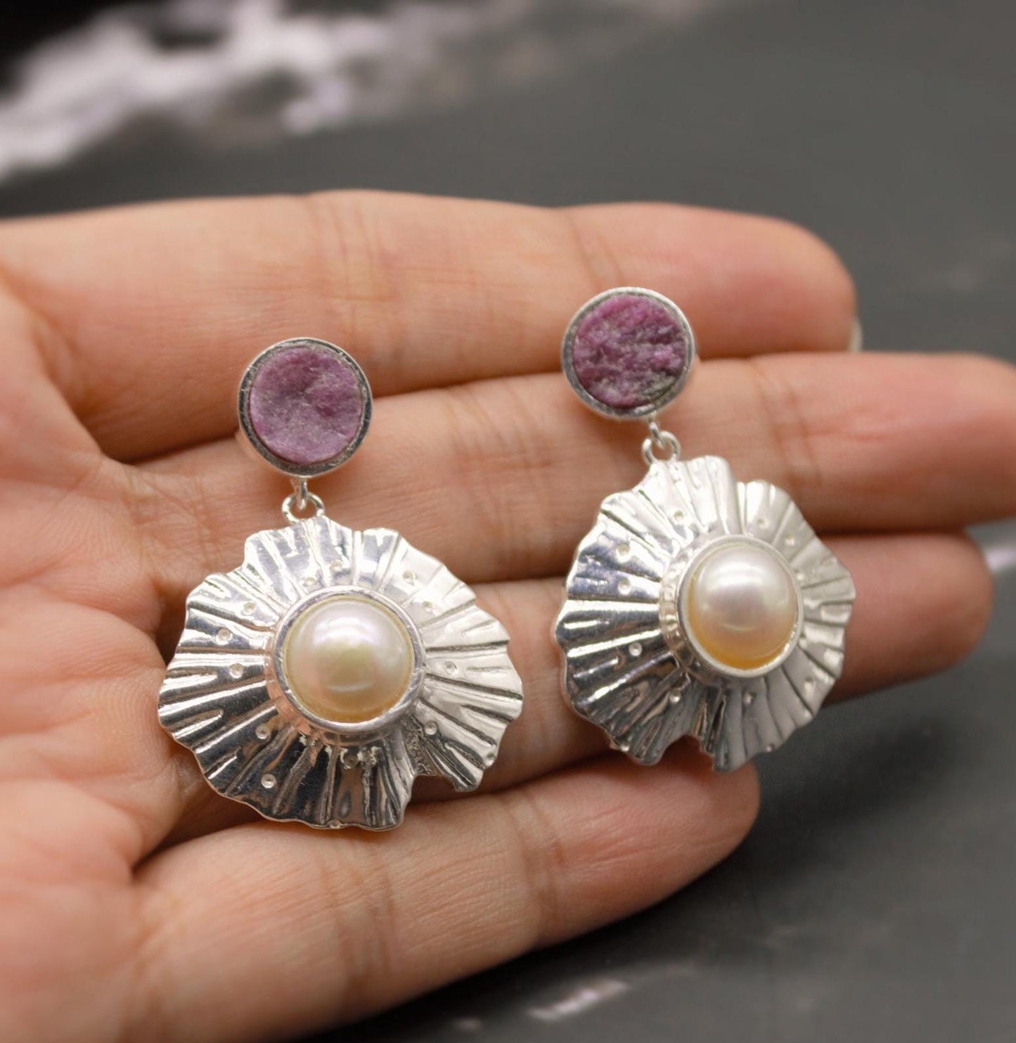 Red Ruby, Pearl Sterling Silver Earrings, June, July Birthstone, Dainty Statement Unique Gemstone Dangle Drop Earrings, Gifts For Her