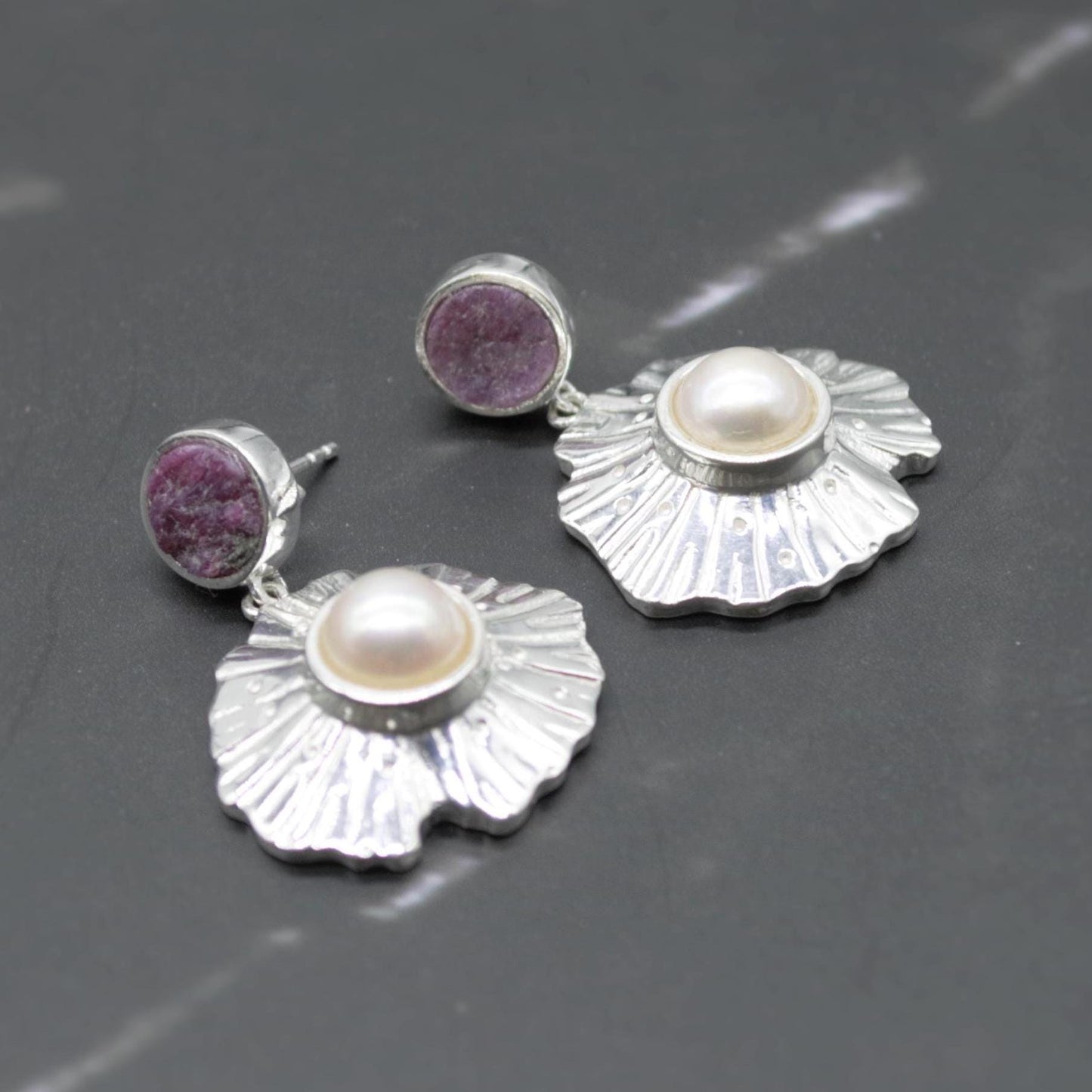 Red Ruby, Pearl Sterling Silver Earrings, June, July Birthstone, Dainty Statement Unique Gemstone Dangle Drop Earrings, Gifts For Her