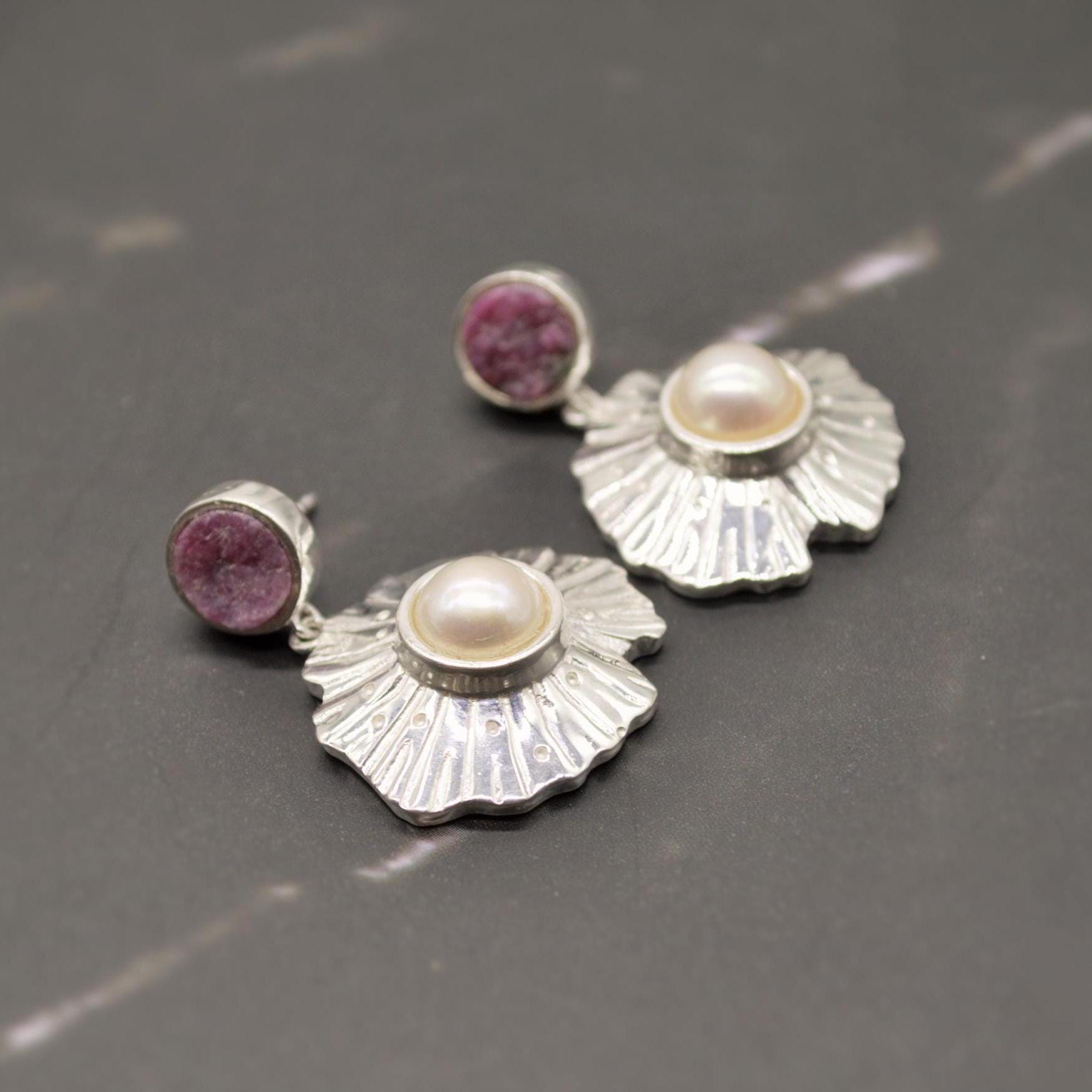 Red Ruby, Pearl Sterling Silver Earrings, June, July Birthstone, Dainty Statement Unique Gemstone Dangle Drop Earrings, Gifts For Her