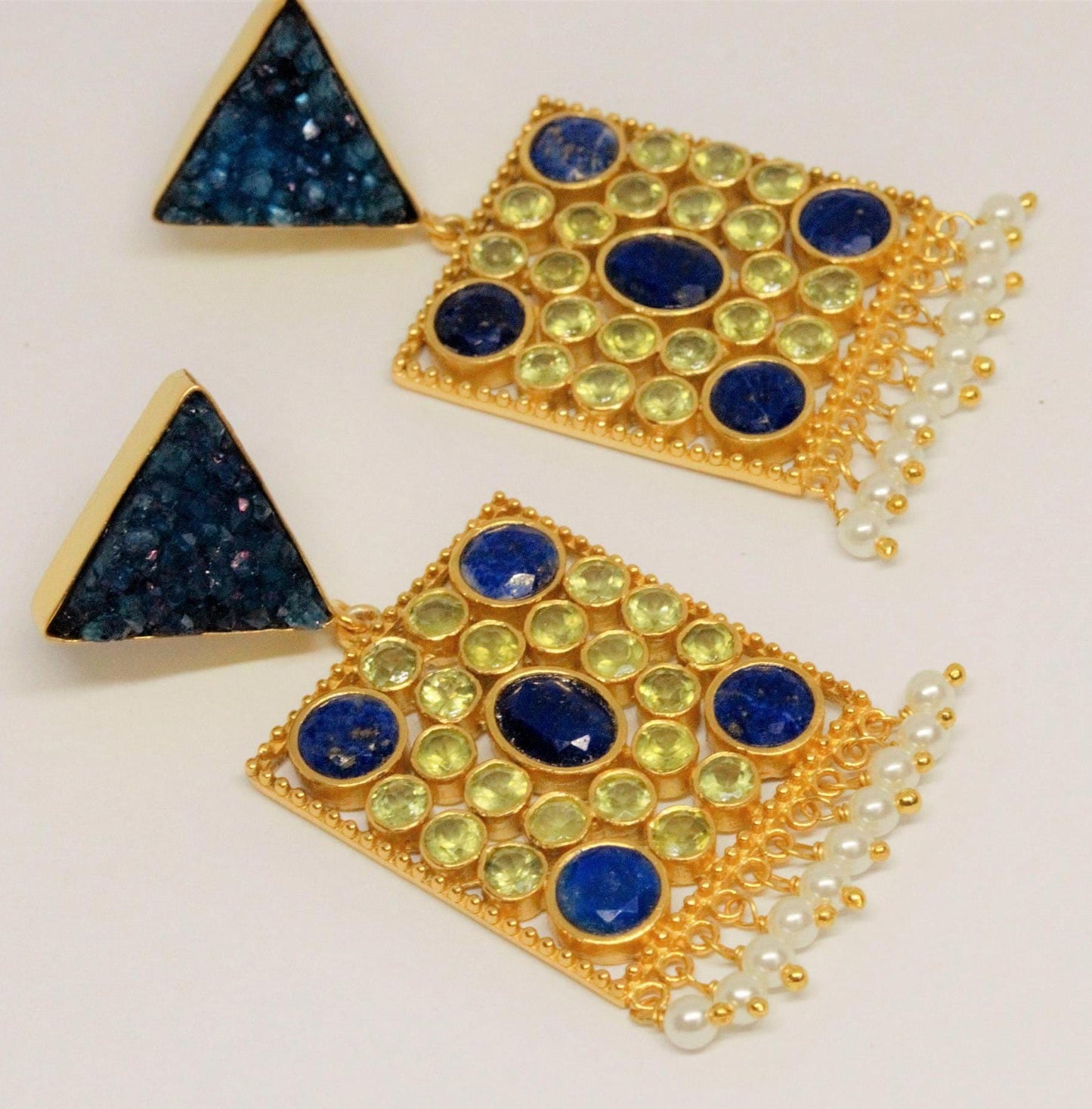 Blue Agate, Lapis, Peridot Gold Earrings, Lapis Lazuli Earrings, August, December Birthstone, Unique Statement Earrings, Gift for Her