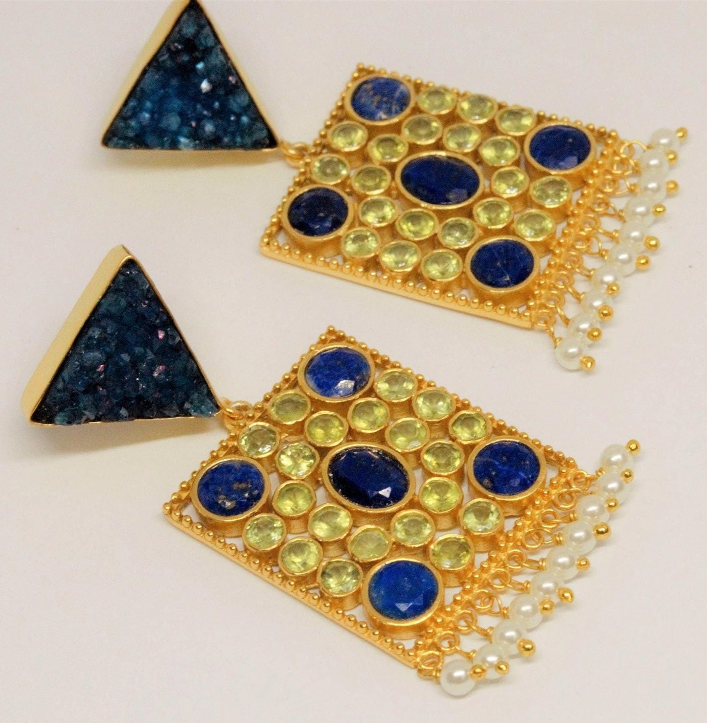 Blue Agate, Lapis, Peridot Gold Earrings, Lapis Lazuli Earrings, August, December Birthstone, Unique Statement Earrings, Gift for Her