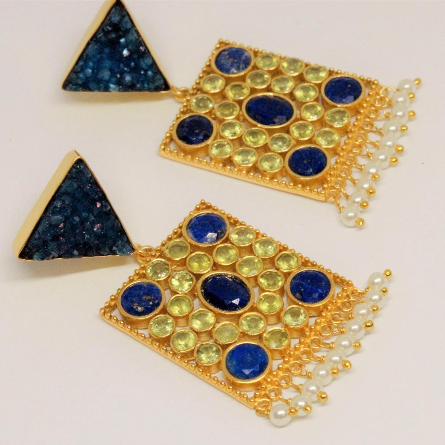 Blue Agate, Lapis, Peridot Gold Earrings, Lapis Lazuli Earrings, August, December Birthstone, Unique Statement Earrings, Gift for Her