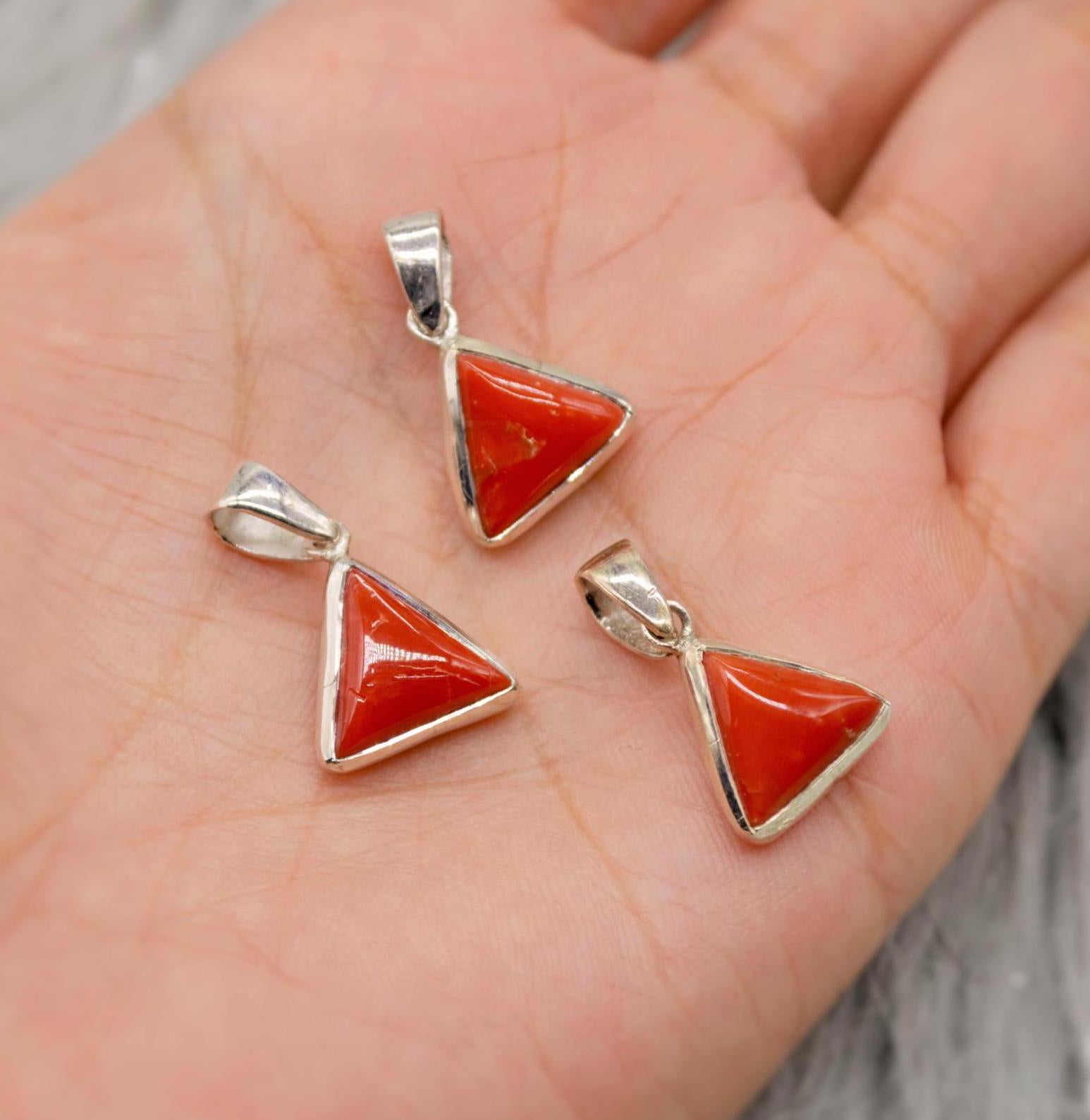 Red Coral Sterling Silver Pendant Necklace, Dainty Triangle Pendant, Everyday Gemstone Pendant, Coral Jewelry, Red Pendant, Gifts For Her