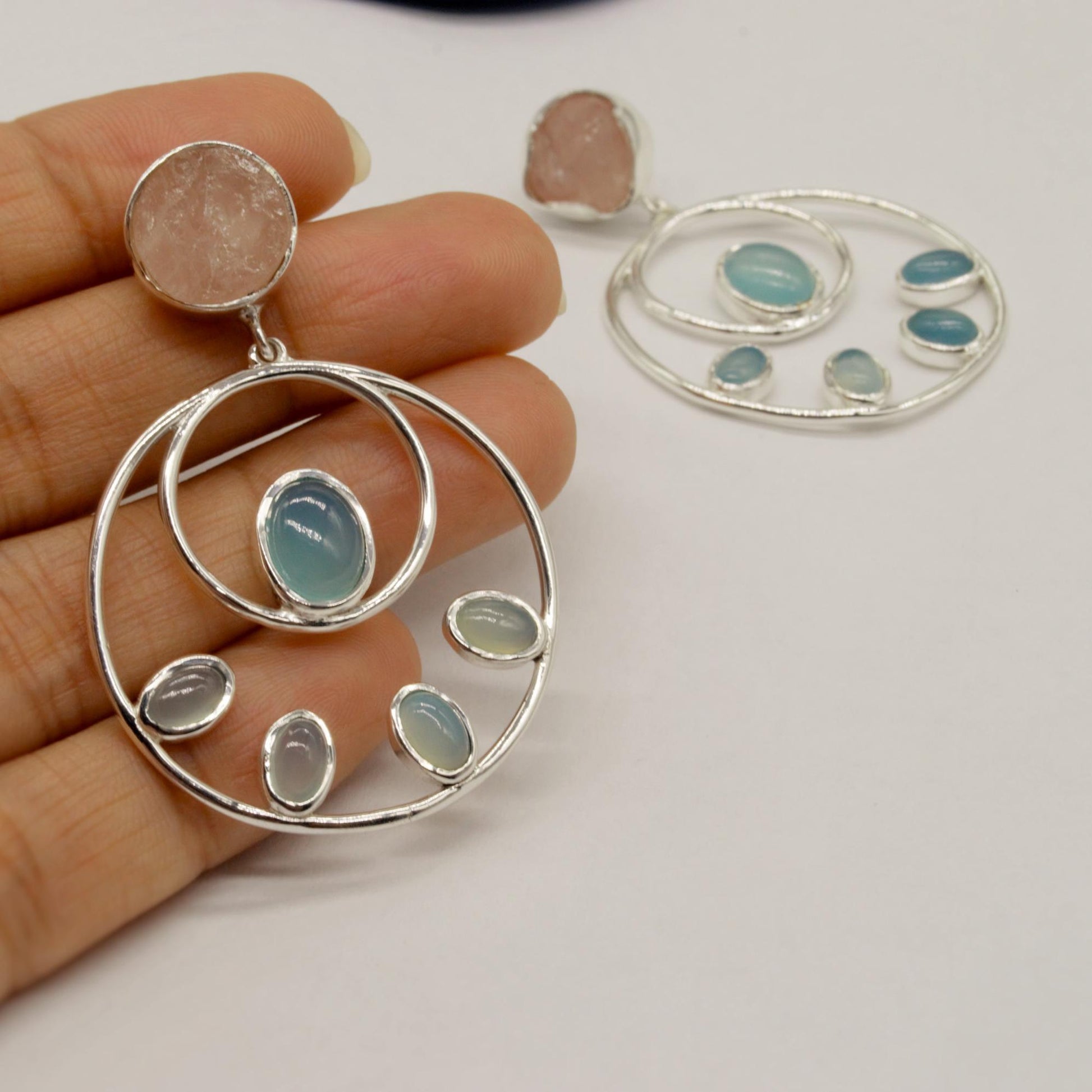 Rose Quartz Aqua Blue Chalcedony Earrings, Sterling Silver Earrings, Hoop Earrings, Unique Dangle Earrings, Gifts For Her