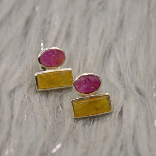 Pink, Green Tourmaline Silver Stud Earrings, Tourmaline Jewelry, October Birthstone Earrings, Minimalist Gemstone Earrings, Gifts For Her