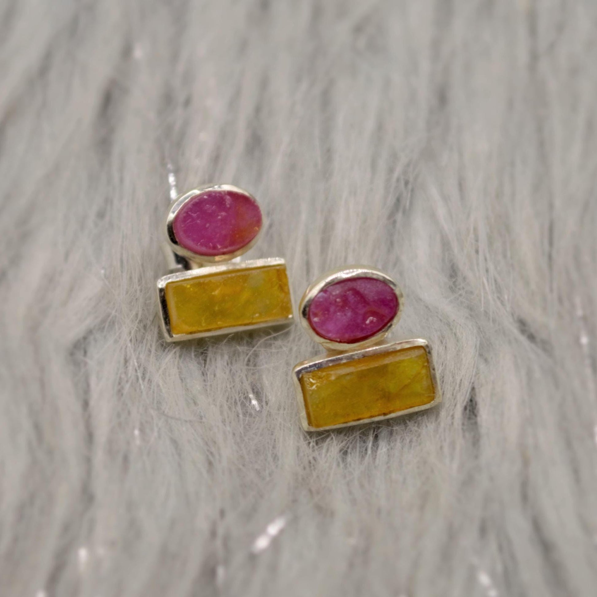 Pink, Green Tourmaline Silver Stud Earrings, Tourmaline Jewelry, October Birthstone Earrings, Minimalist Gemstone Earrings, Gifts For Her