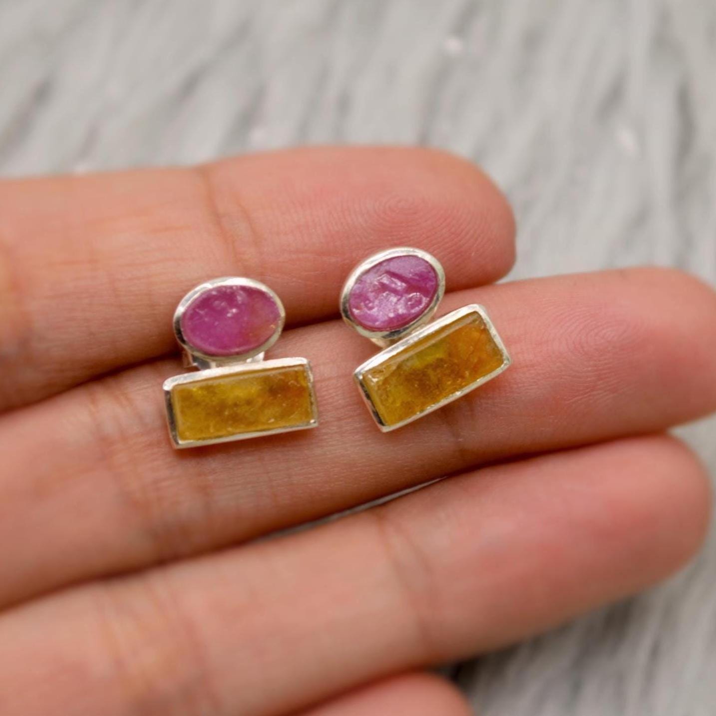 Pink, Green Tourmaline Silver Stud Earrings, Tourmaline Jewelry, October Birthstone Earrings, Minimalist Gemstone Earrings, Gifts For Her