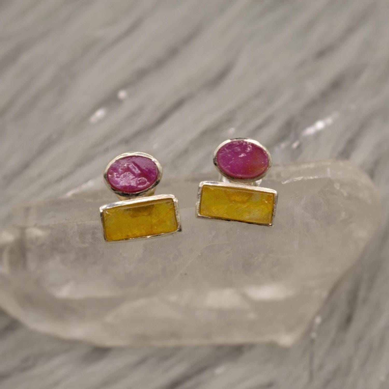 Pink, Green Tourmaline Silver Stud Earrings, Tourmaline Jewelry, October Birthstone Earrings, Minimalist Gemstone Earrings, Gifts For Her
