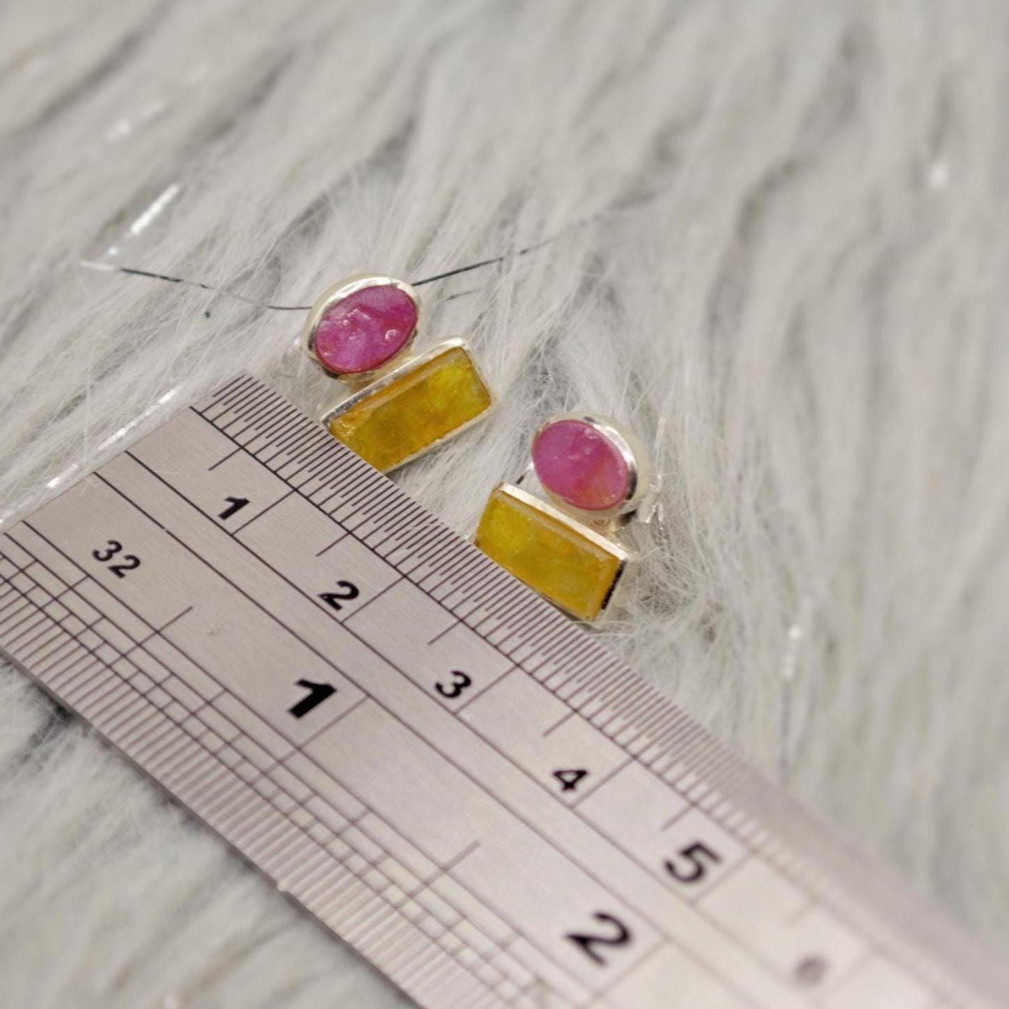 Pink, Green Tourmaline Silver Stud Earrings, Tourmaline Jewelry, October Birthstone Earrings, Minimalist Gemstone Earrings, Gifts For Her