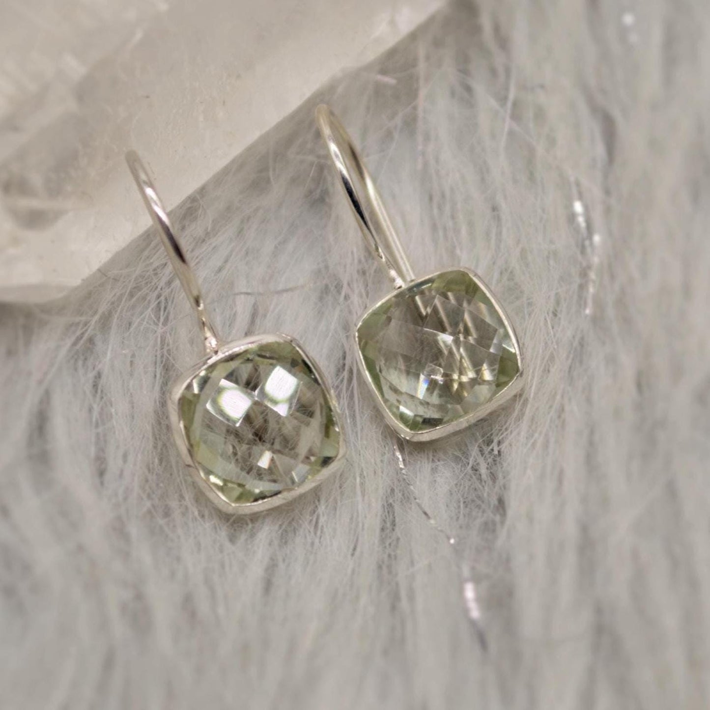 Green Amethyst Square Drop Silver Earrings, Amethyst Jewelry, Minimalist Handmade Earrings For Her, February Birthstone Earrings