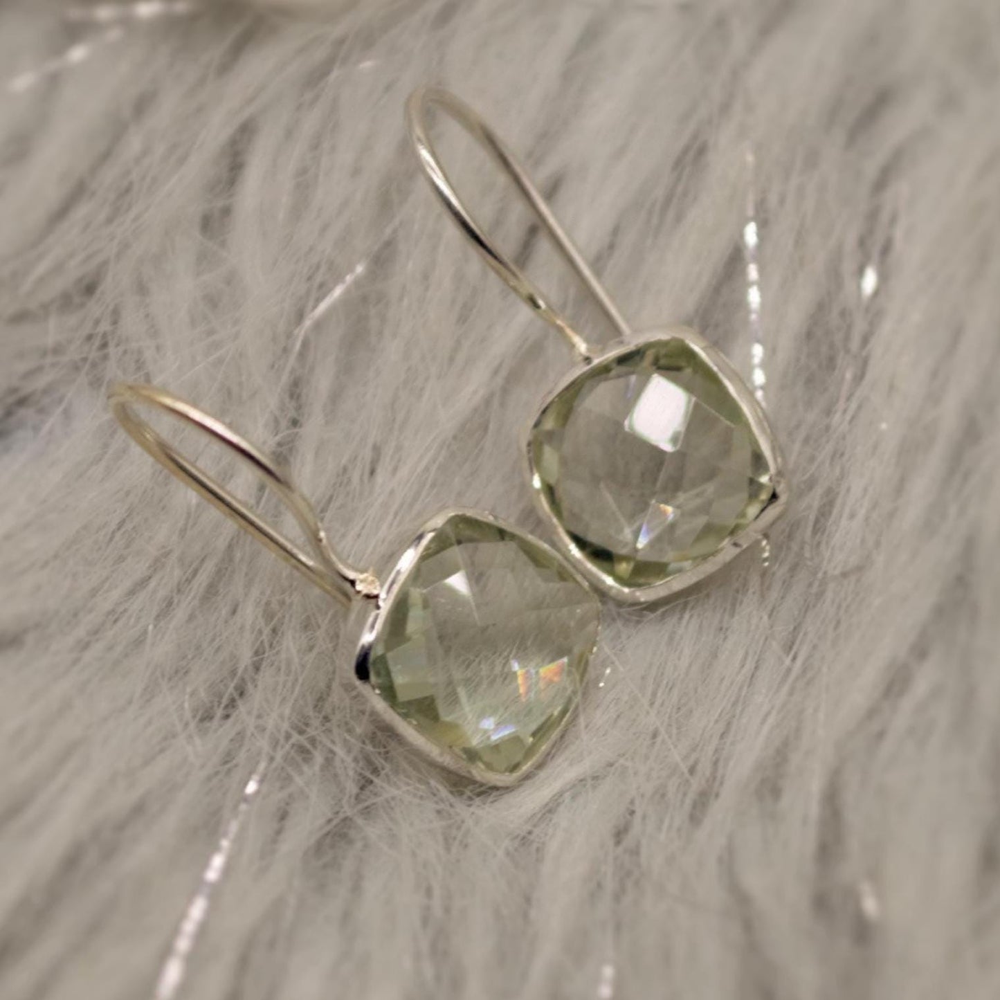 Green Amethyst Square Drop Silver Earrings, Amethyst Jewelry, Minimalist Handmade Earrings For Her, February Birthstone Earrings