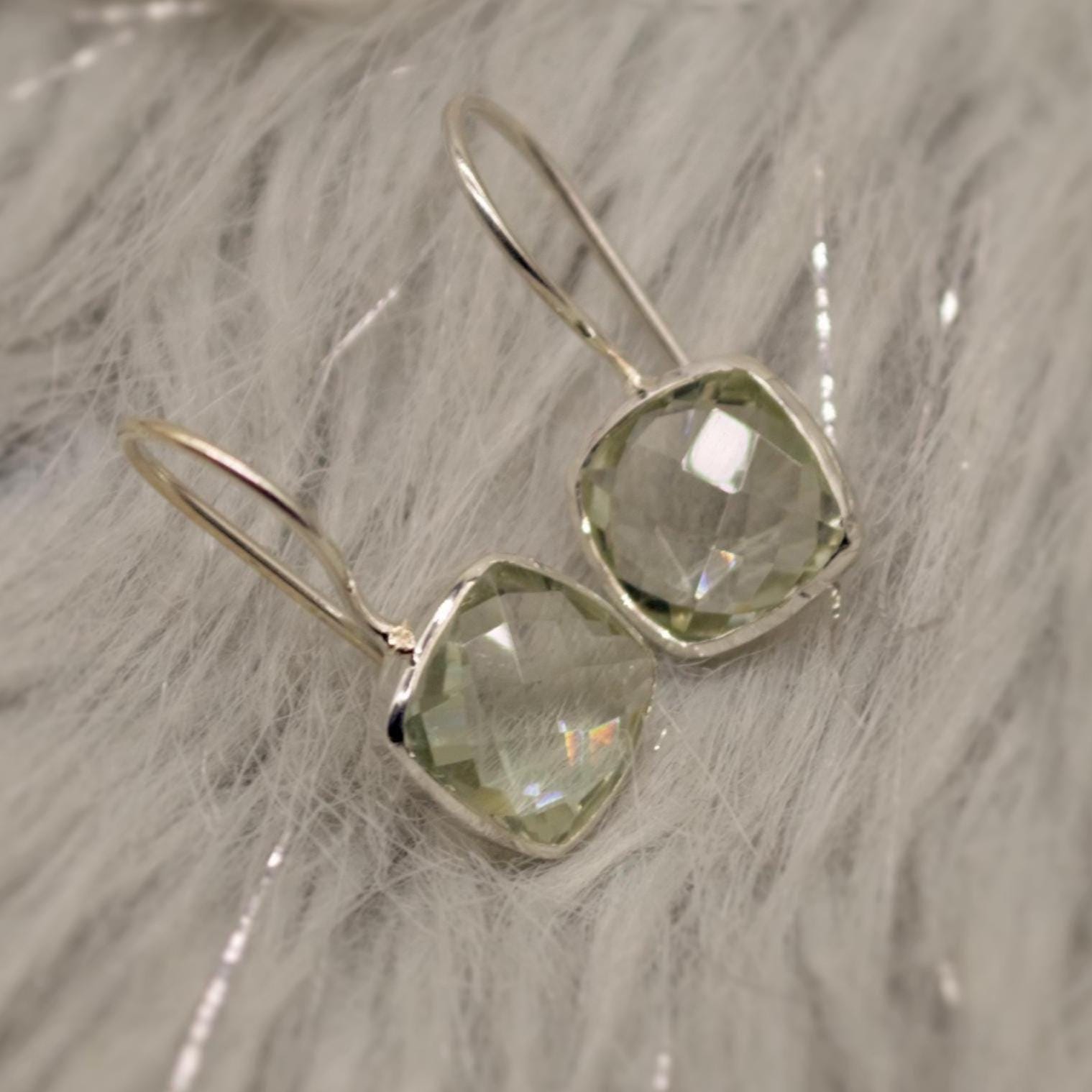 Green Amethyst Square Drop Silver Earrings, Amethyst Jewelry, Minimalist Handmade Earrings For Her, February Birthstone Earrings