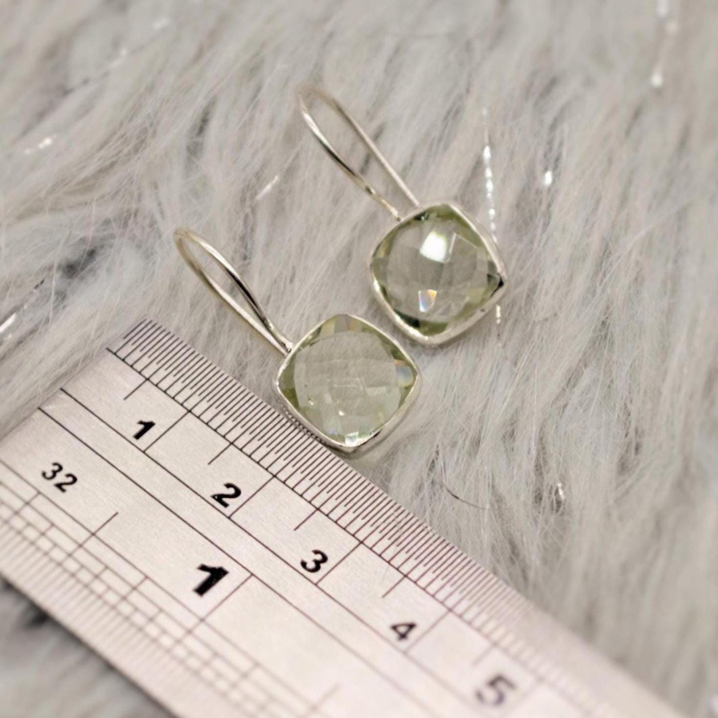 Green Amethyst Square Drop Silver Earrings, Amethyst Jewelry, Minimalist Handmade Earrings For Her, February Birthstone Earrings
