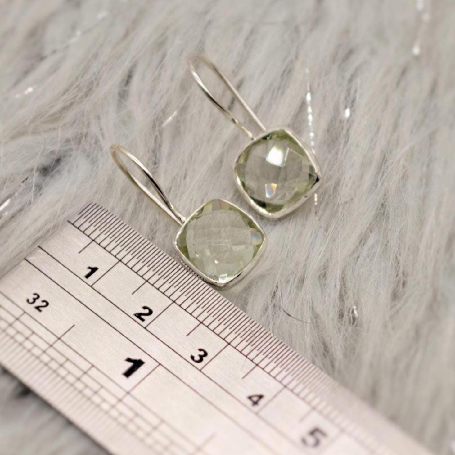 Green Amethyst Square Drop Silver Earrings, Amethyst Jewelry, Minimalist Handmade Earrings For Her, February Birthstone Earrings