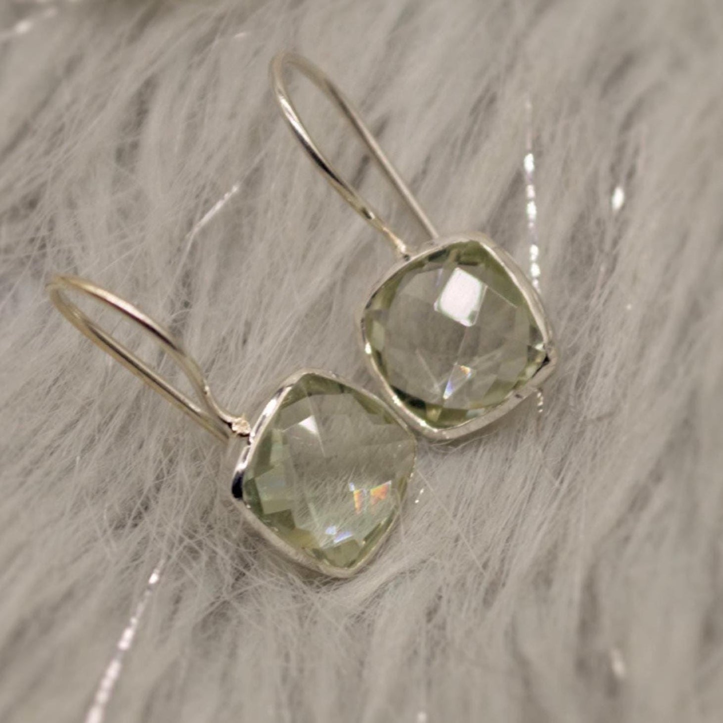 Green Amethyst Square Drop Silver Earrings, Amethyst Jewelry, Minimalist Handmade Earrings For Her, February Birthstone Earrings