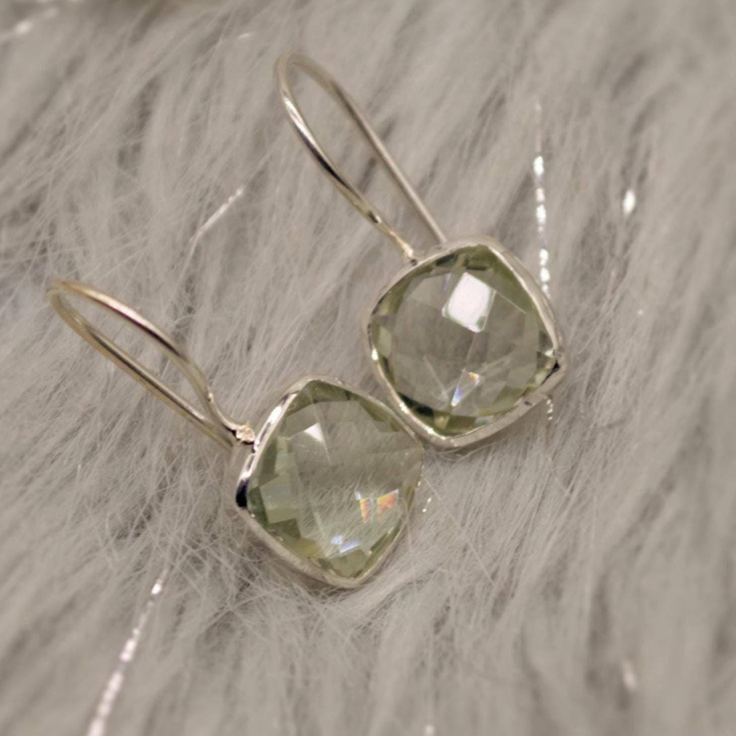 Green Amethyst Square Drop Silver Earrings, Amethyst Jewelry, Minimalist Handmade Earrings For Her, February Birthstone Earrings