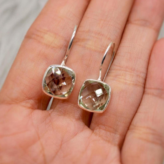Green Amethyst Square Drop Silver Earrings, Amethyst Jewelry, Minimalist Handmade Earrings For Her, February Birthstone Earrings