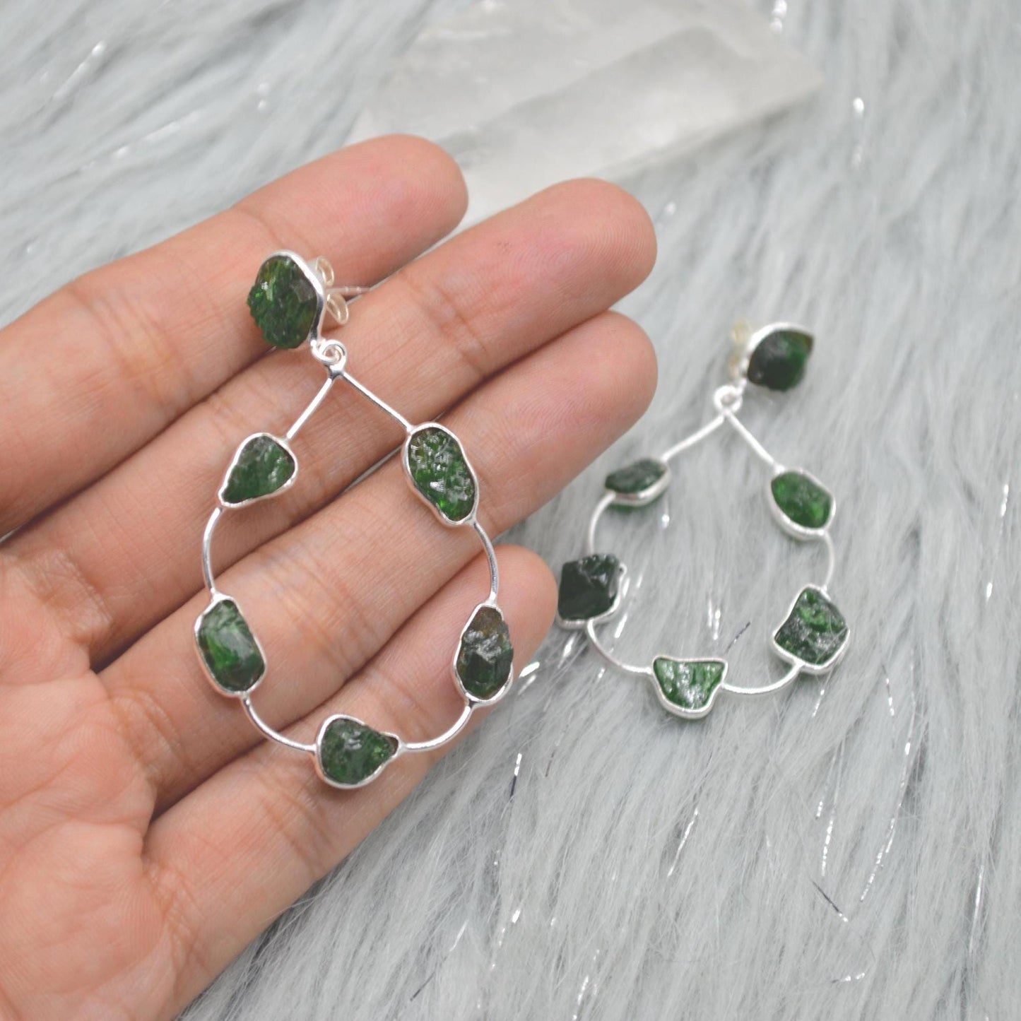 Green Tsavorite Earrings, Silver Hoop Earrings, Unique Green Gemstone Earrings, Tsavorite Jewelry For Her, Handmade Drop Earrings