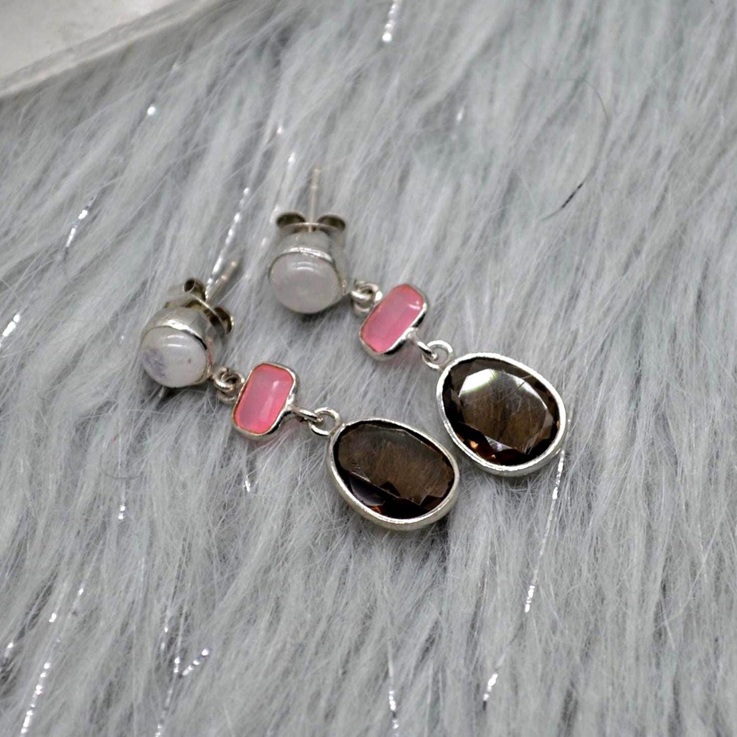 Smoky Quartz, Moonstone, Jade Earrings, Sterling Silver Earrings, Brown Gemstone Earrings, Pink Drop Earrings, Quartz Jewelry For Her