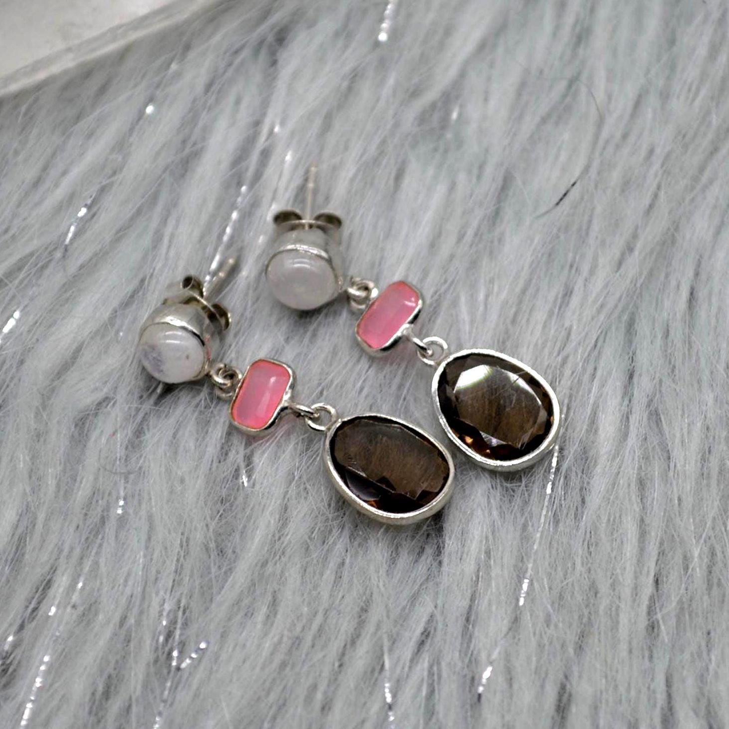 Smoky Quartz, Moonstone, Jade Earrings, Sterling Silver Earrings, Brown Gemstone Earrings, Pink Drop Earrings, Quartz Jewelry For Her