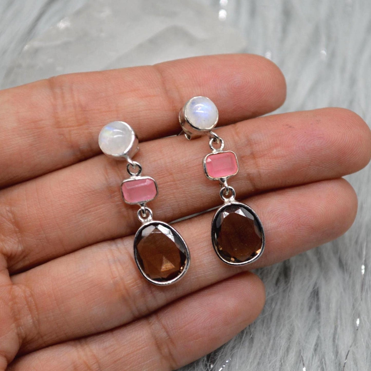 Smoky Quartz, Moonstone, Jade Earrings, Sterling Silver Earrings, Brown Gemstone Earrings, Pink Drop Earrings, Quartz Jewelry For Her