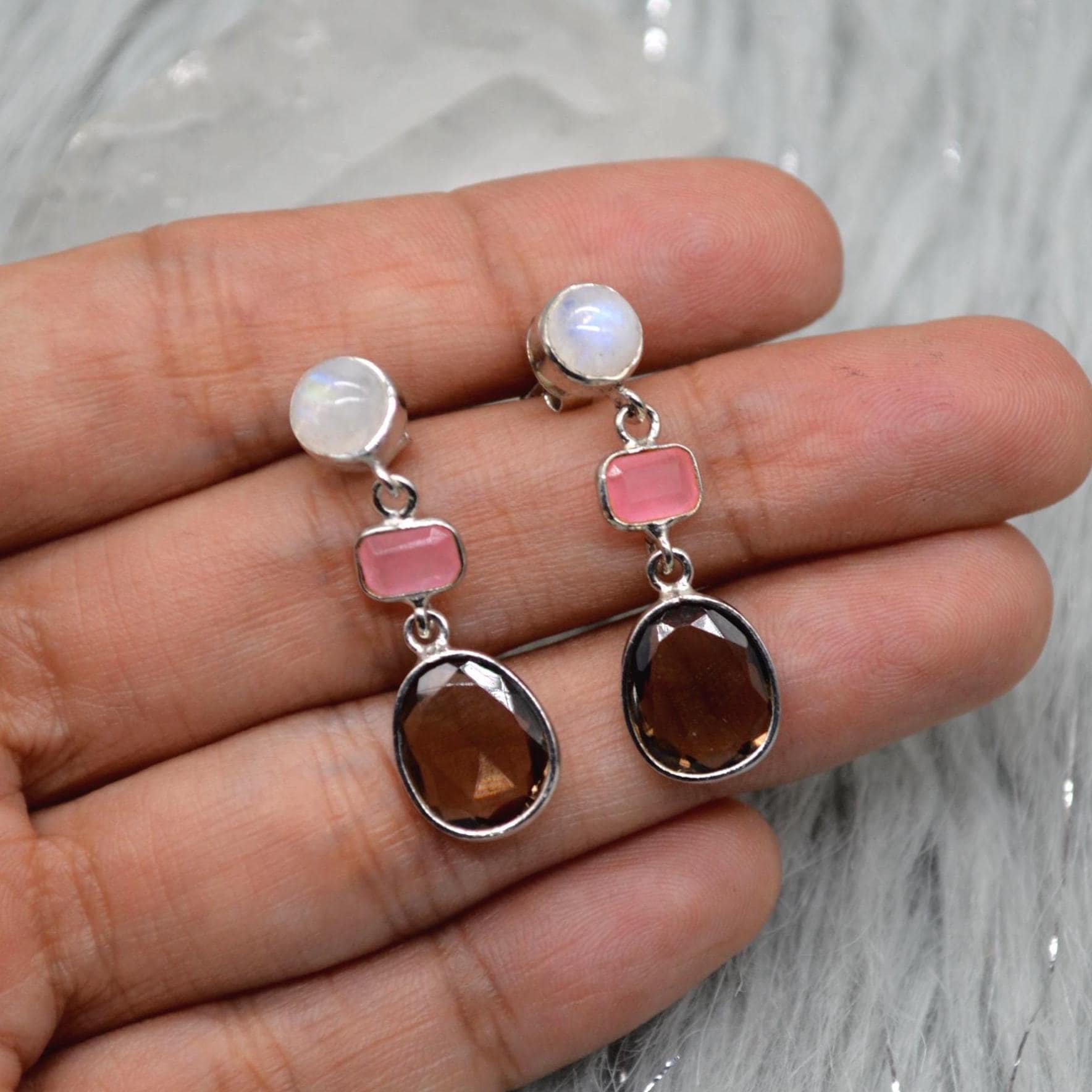 Smoky Quartz, Moonstone, Jade Earrings, Sterling Silver Earrings, Brown Gemstone Earrings, Pink Drop Earrings, Quartz Jewelry For Her