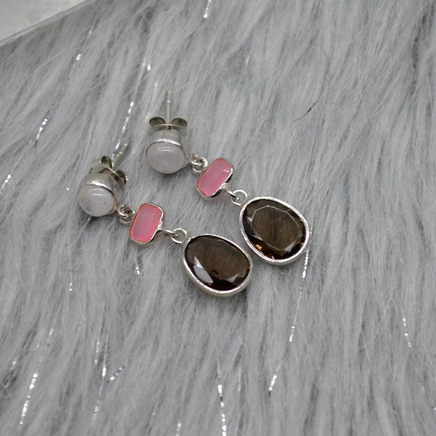 Smoky Quartz, Moonstone, Jade Earrings, Sterling Silver Earrings, Brown Gemstone Earrings, Pink Drop Earrings, Quartz Jewelry For Her