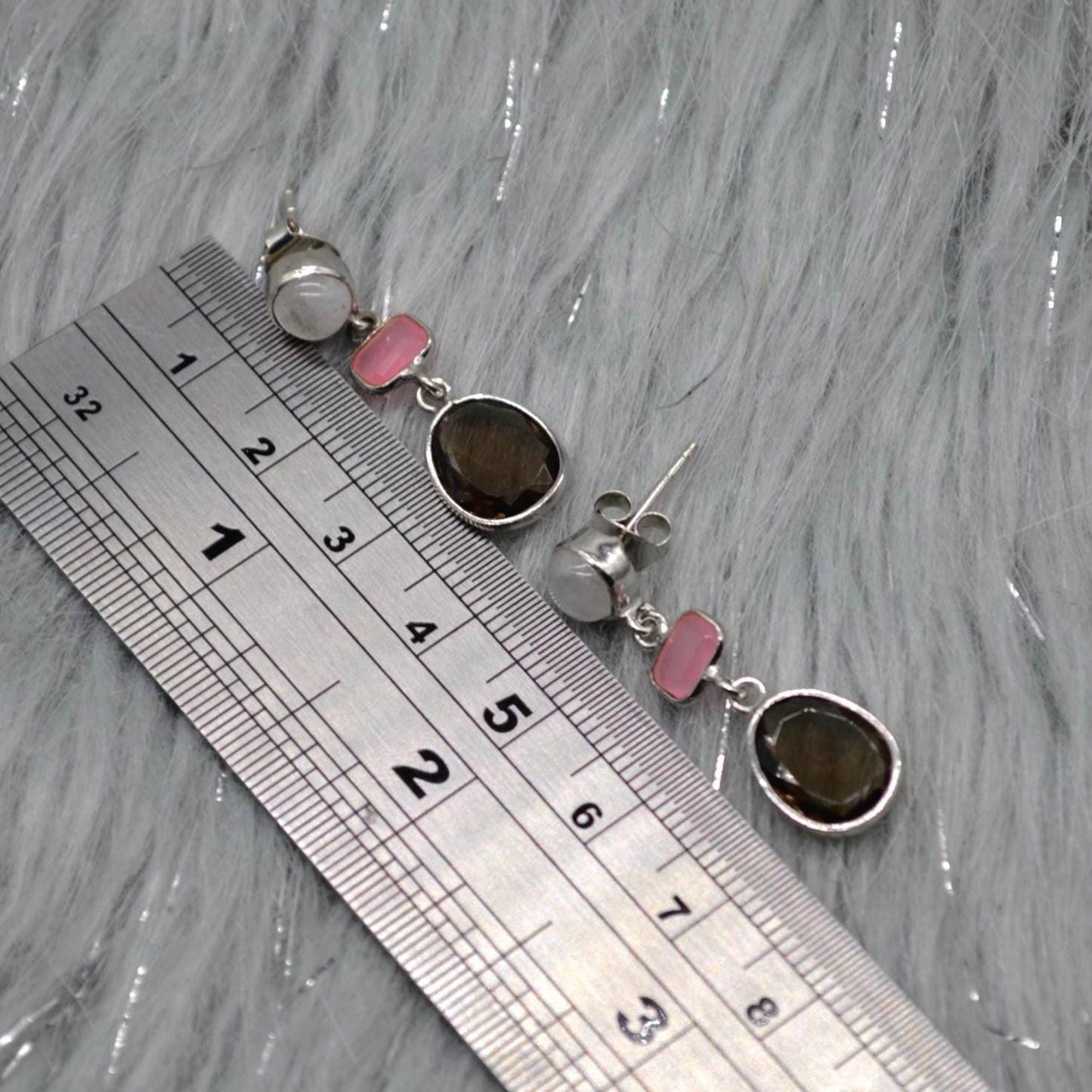 Smoky Quartz, Moonstone, Jade Earrings, Sterling Silver Earrings, Brown Gemstone Earrings, Pink Drop Earrings, Quartz Jewelry For Her