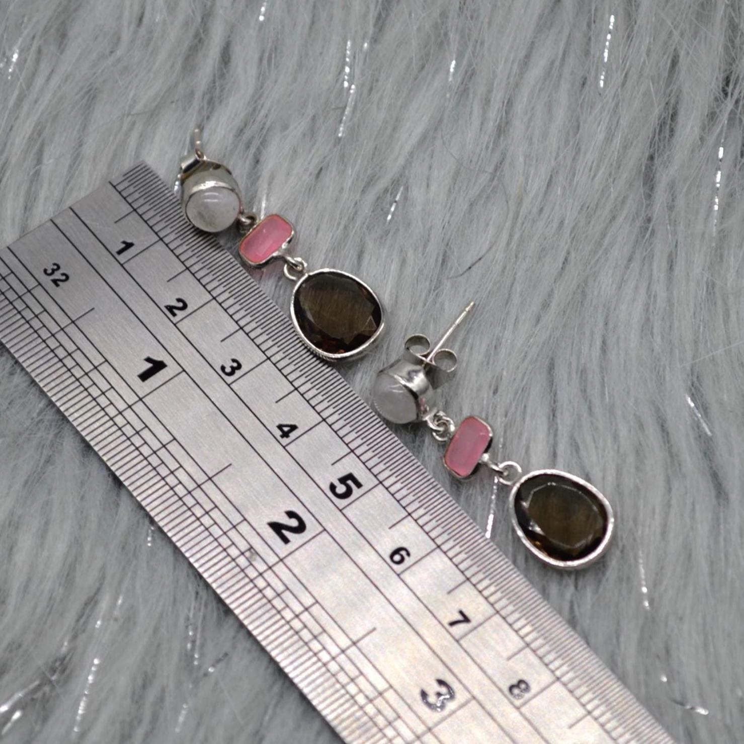 Smoky Quartz, Moonstone, Jade Earrings, Sterling Silver Earrings, Brown Gemstone Earrings, Pink Drop Earrings, Quartz Jewelry For Her