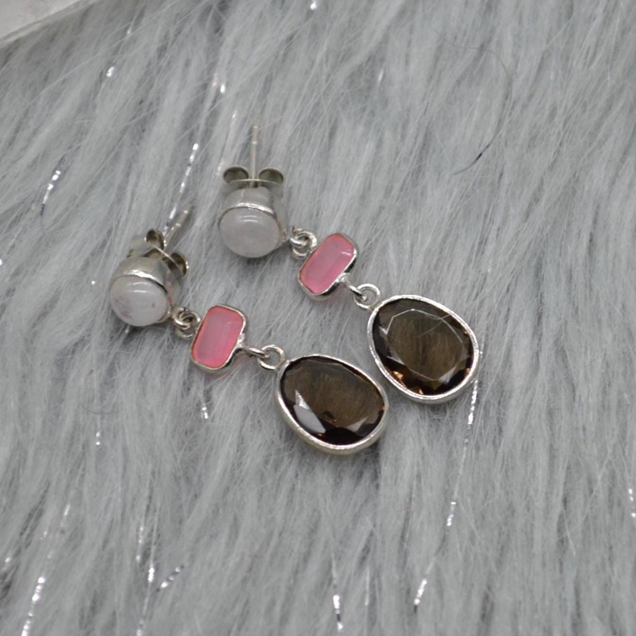 Smoky Quartz, Moonstone, Jade Earrings, Sterling Silver Earrings, Brown Gemstone Earrings, Pink Drop Earrings, Quartz Jewelry For Her