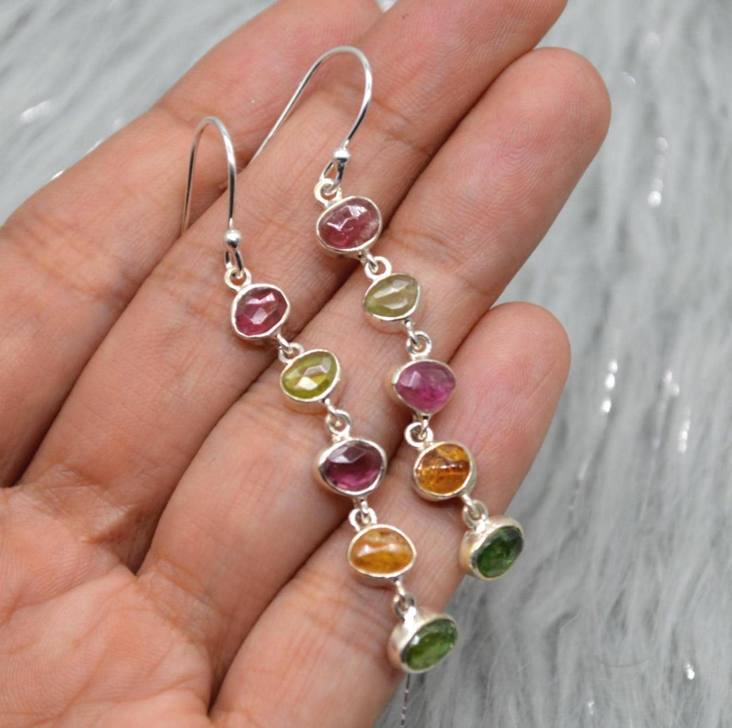 Tourmaline Earrings, Green, Pink Tourmaline Jewelry, Sterling Silver Earrings, Dangle Drop Gold Earrings, October Birthstone, Gift For Her