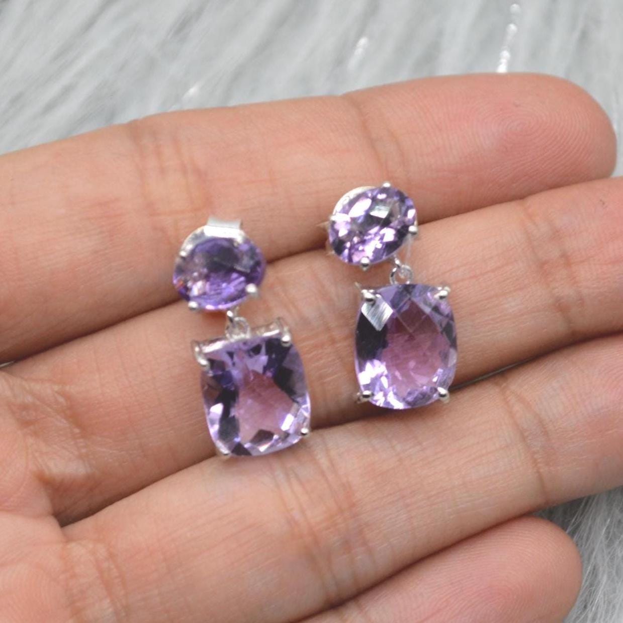 Purple Amethyst Sterling Silver Earrings, February Birthstone, Dainty Minimalist Earrings, Amethyst Jewelry, Purple Gemstone Drop Earrings
