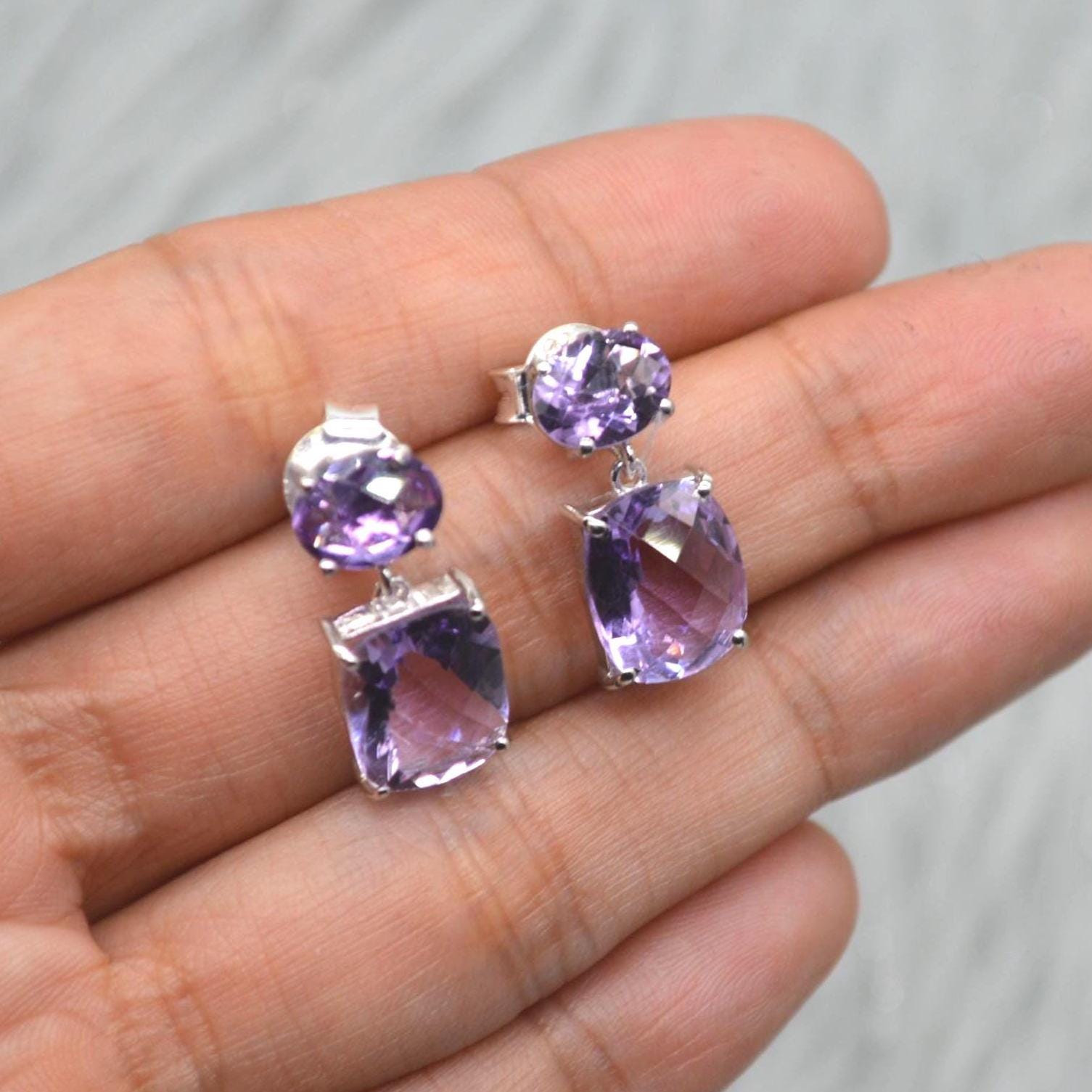 Purple Amethyst Sterling Silver Earrings, February Birthstone, Dainty Minimalist Earrings, Amethyst Jewelry, Purple Gemstone Drop Earrings