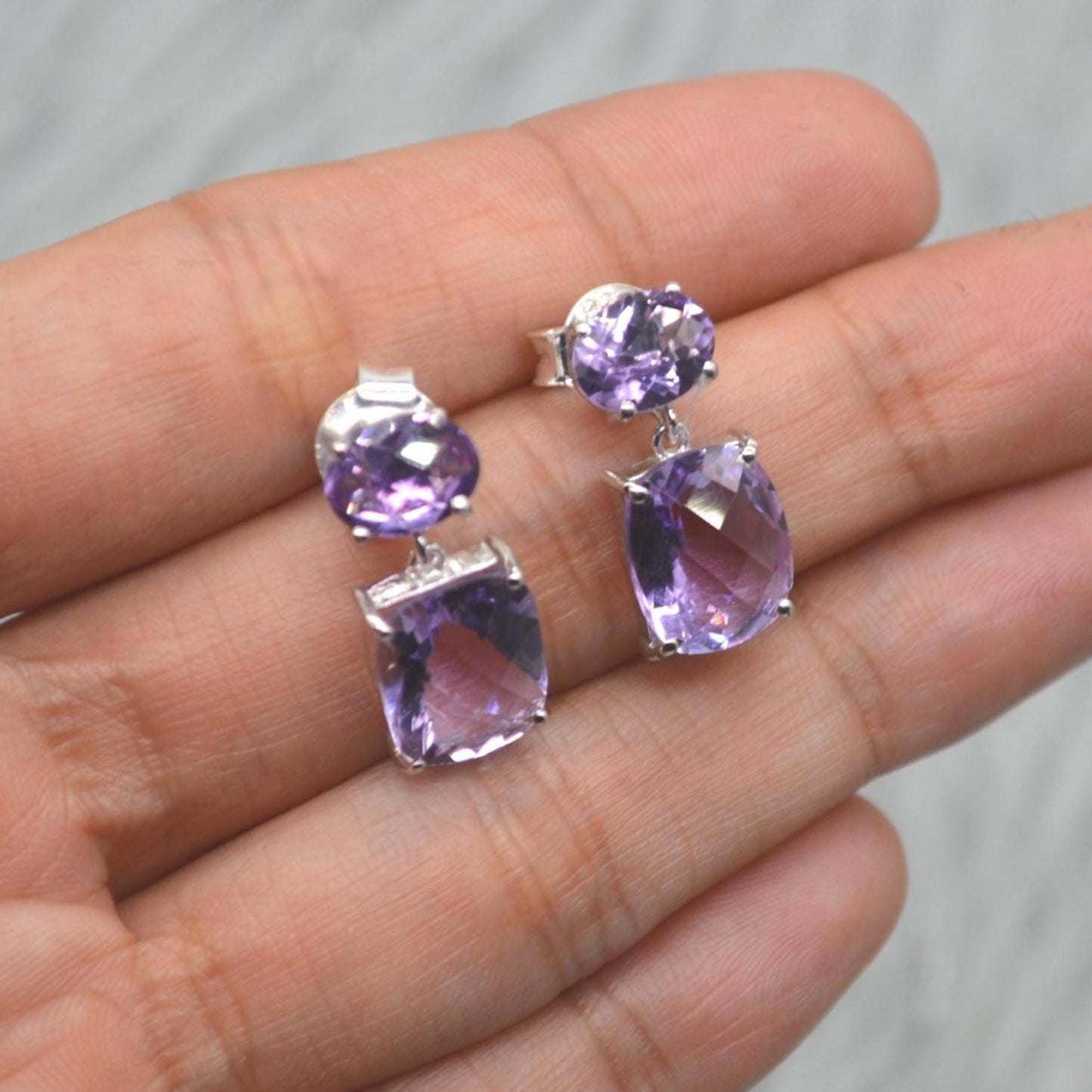 Purple Amethyst Sterling Silver Earrings, February Birthstone, Dainty Minimalist Earrings, Amethyst Jewelry, Purple Gemstone Drop Earrings