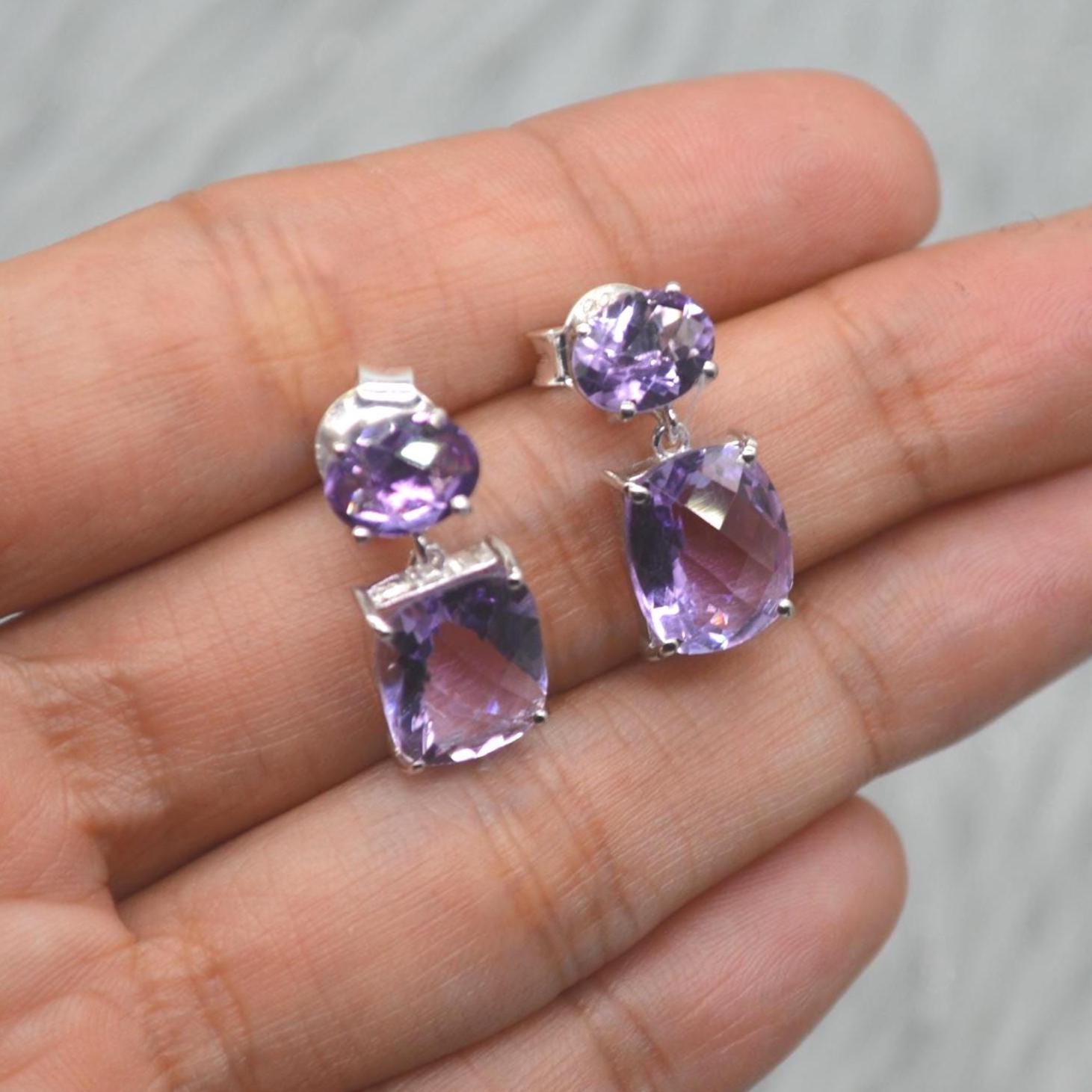 Purple Amethyst Sterling Silver Earrings, February Birthstone, Dainty Minimalist Earrings, Amethyst Jewelry, Purple Gemstone Drop Earrings