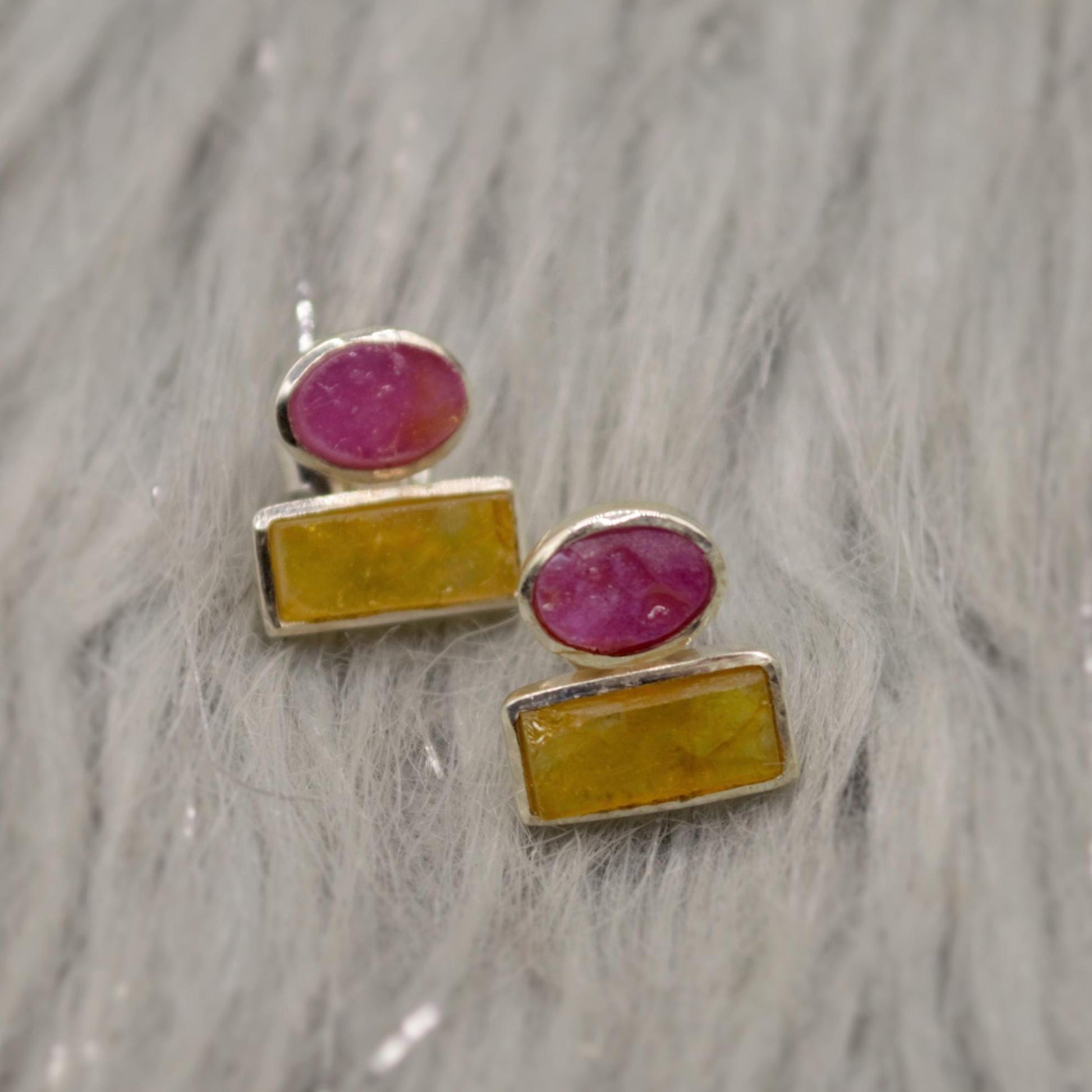 Pink, Green Tourmaline Silver Stud Earrings, Tourmaline Jewelry, October Birthstone Earrings, Minimalist Gemstone Earrings, Gifts For Her