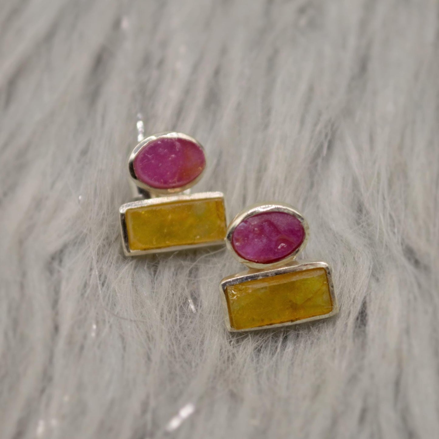 Pink, Green Tourmaline Silver Stud Earrings, Tourmaline Jewelry, October Birthstone Earrings, Minimalist Gemstone Earrings, Gifts For Her