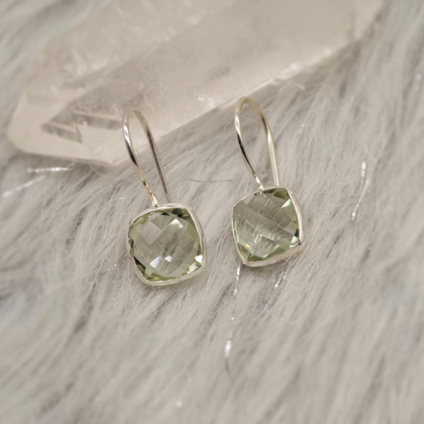 Green Amethyst Square Drop Silver Earrings, Amethyst Jewelry, Minimalist Handmade Earrings For Her, February Birthstone Earrings