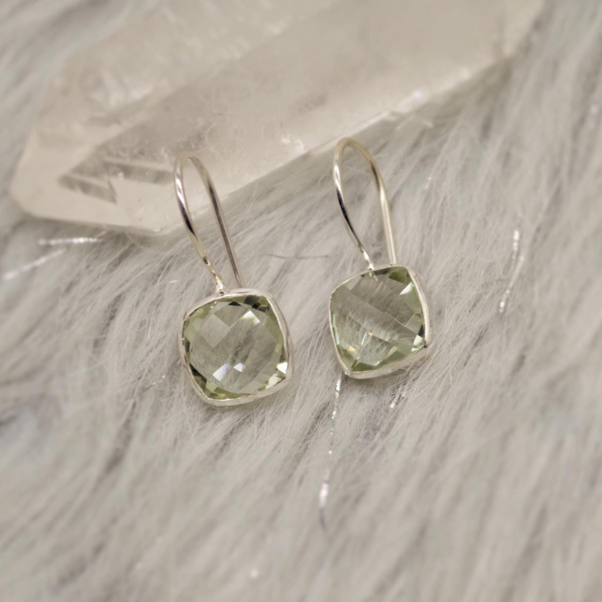 Green Amethyst Square Drop Silver Earrings, Amethyst Jewelry, Minimalist Handmade Earrings For Her, February Birthstone Earrings