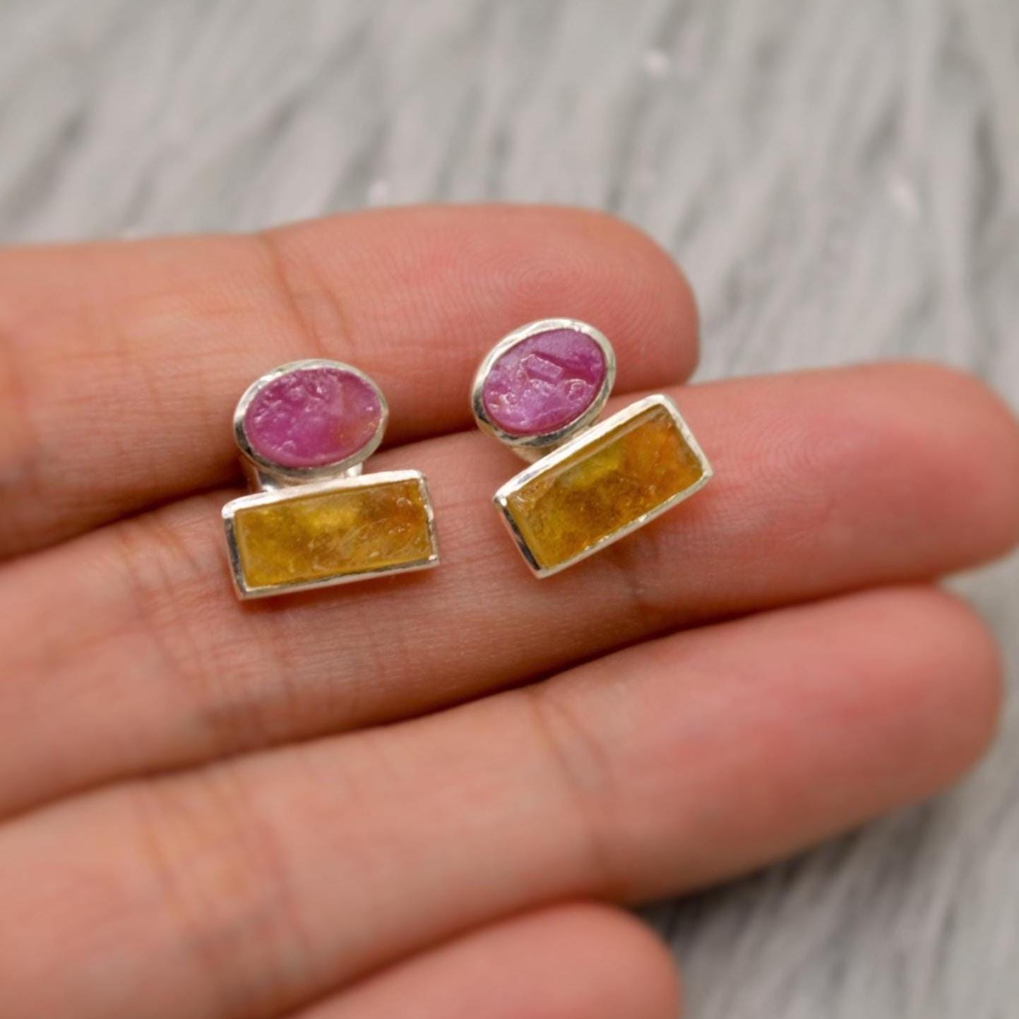 Pink, Green Tourmaline Silver Stud Earrings, Tourmaline Jewelry, October Birthstone Earrings, Minimalist Gemstone Earrings, Gifts For Her