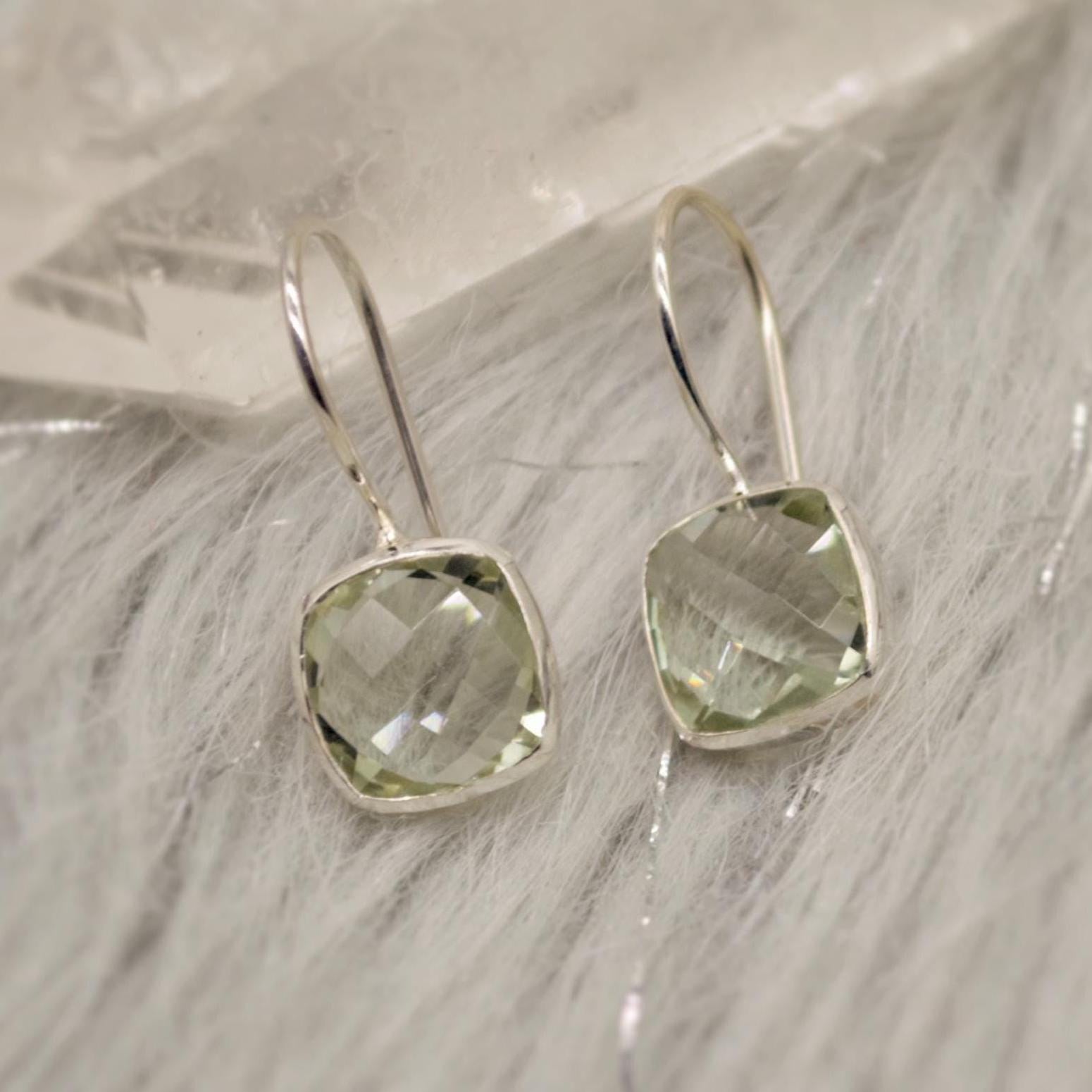 Green Amethyst Square Drop Silver Earrings, Amethyst Jewelry, Minimalist Handmade Earrings For Her, February Birthstone Earrings